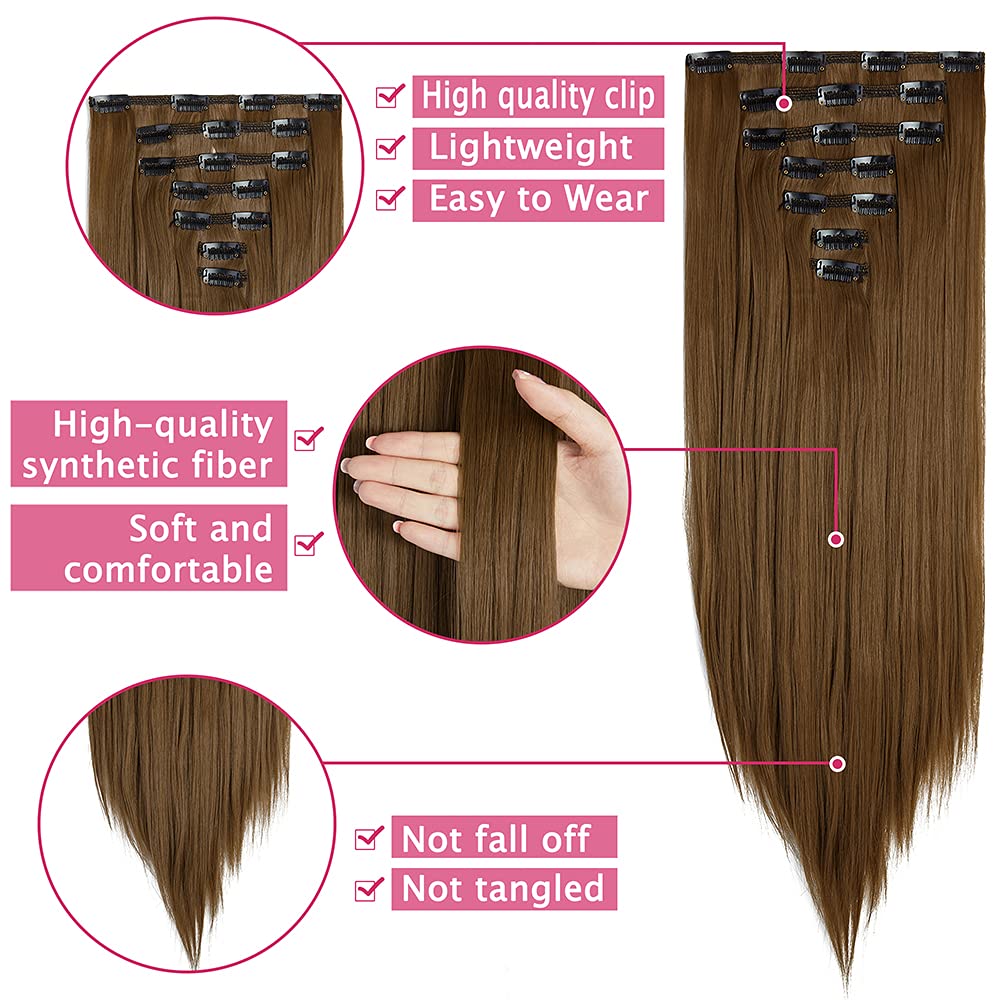 24 Inch Wavy Curly Clip-In Hair Extensions - 7Pcs Double Weft Synthetic Hair with 16 Clips (160g/set) - Dark Brown to Ash Blonde Ombre - Perfect for Parties, Weddings & Daily Styling