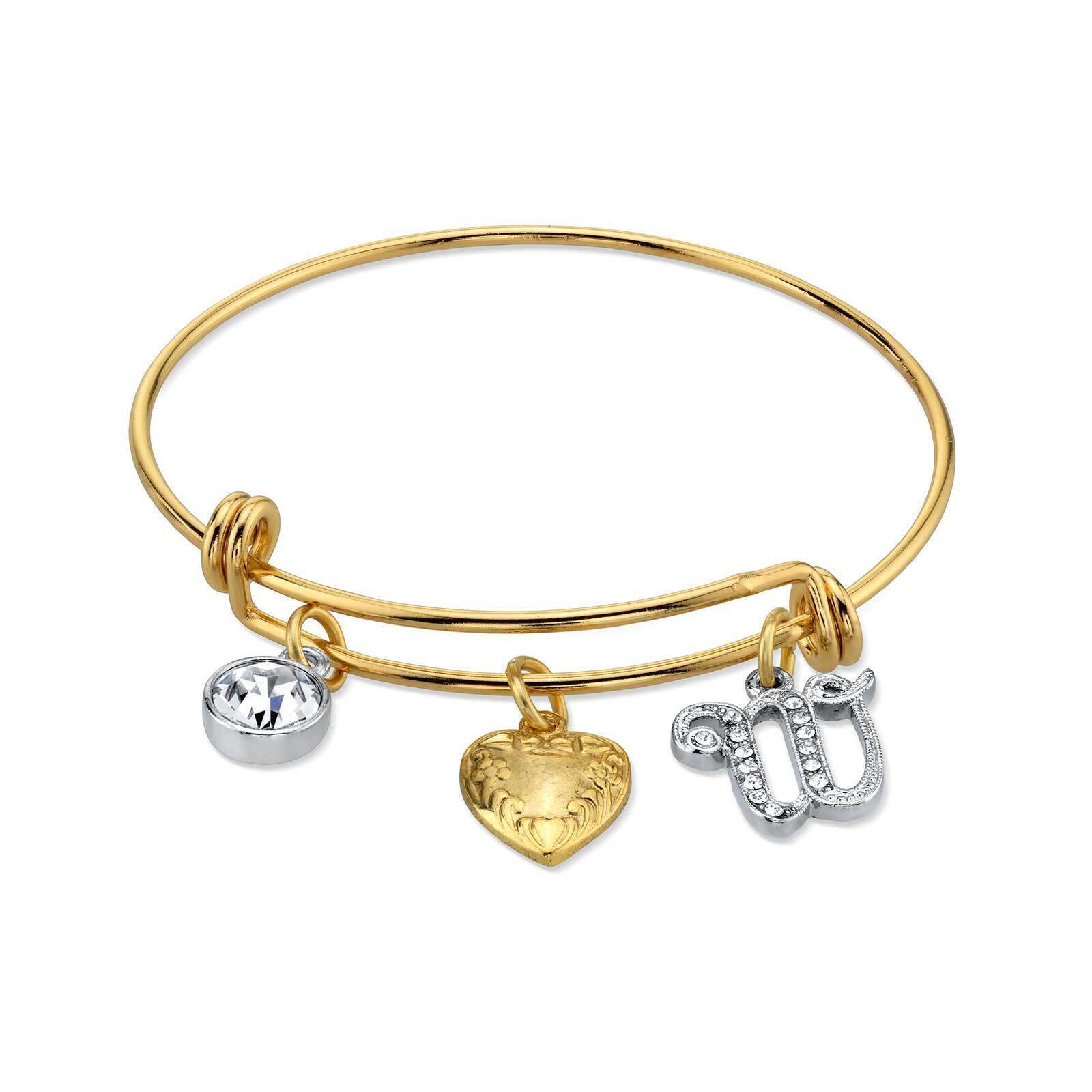 1928 Gold Heart Initial Crystal Charm Bangle Bracelet for Women - Personalized Name Jewelry Gift for Her - Perfect for Valentine's Day, Anniversary & Special Occasions