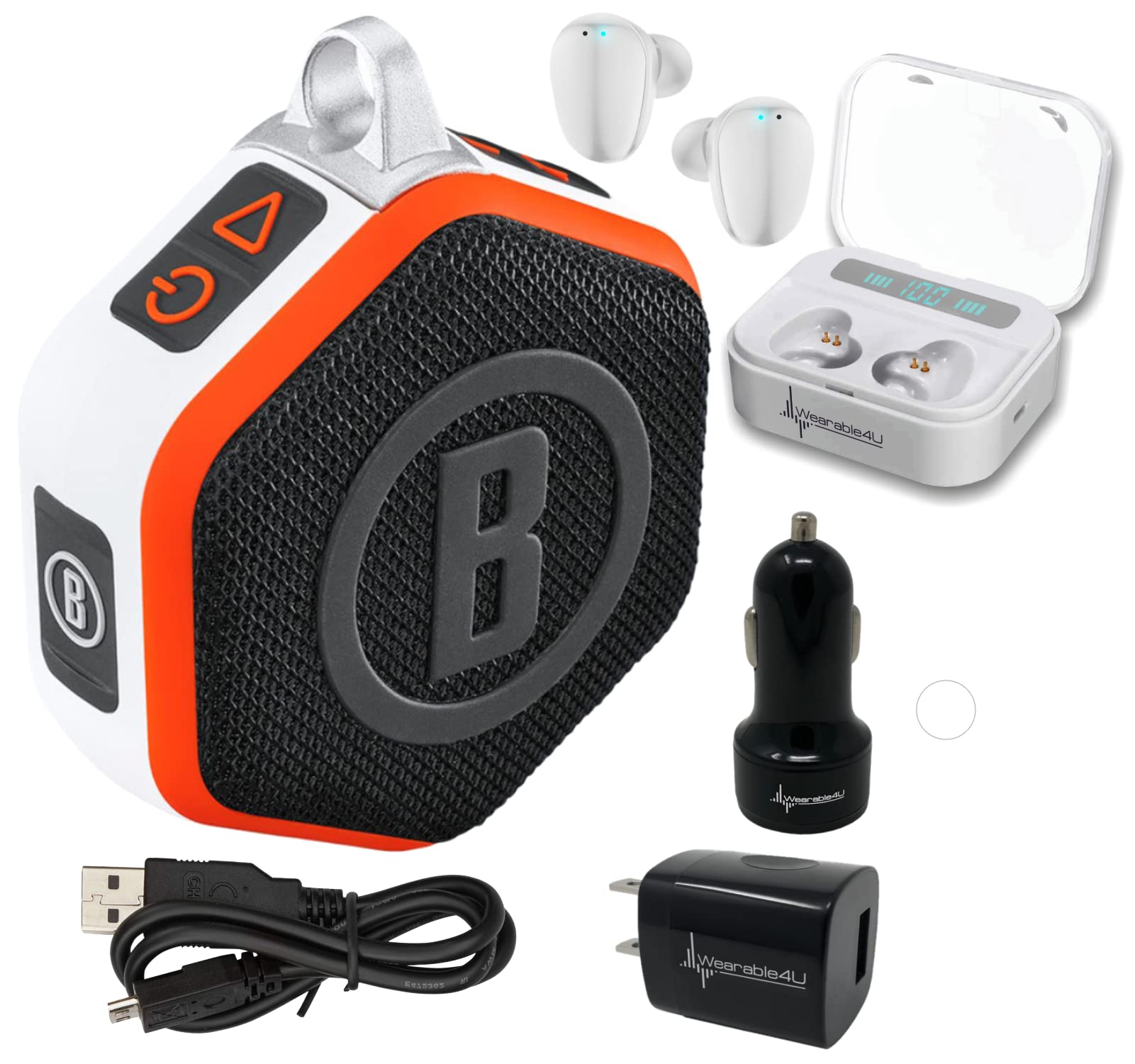 Bushnell Wingman Mini Orange/White GPS Bluetooth Speaker with Ultimate White Earbuds & Chargers Bundle - Portable Wireless Speaker for Golf, Travel, Outdoor Adventures & Car Rides