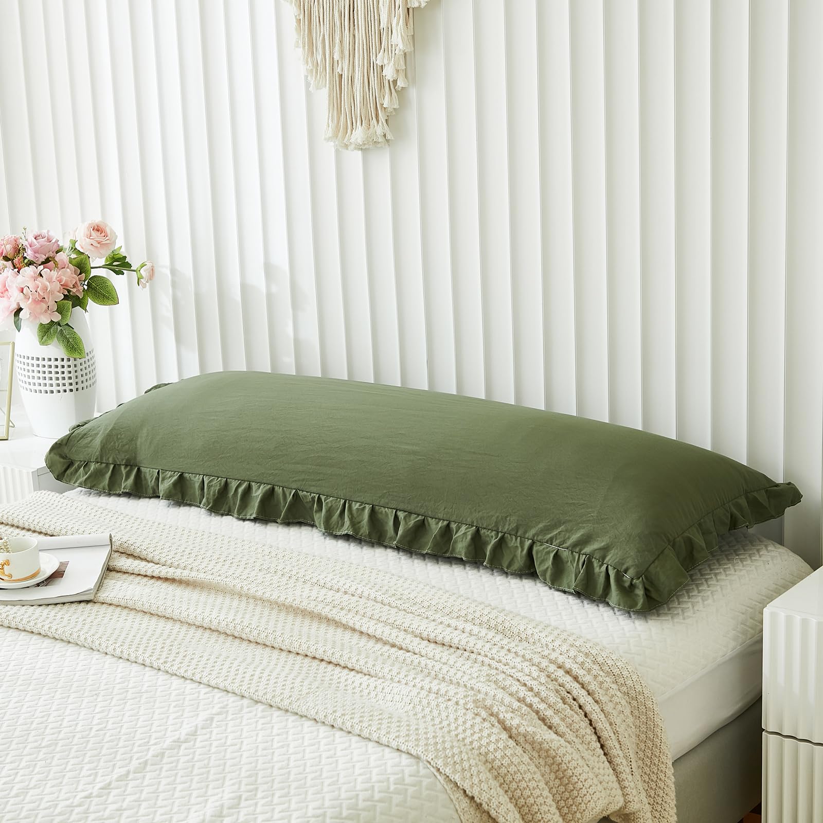 Olive Green Ruffled Body Pillow Cover 20x54 Inches - Shabby Chic Decorative Pillowcase with Fringe Trim for Bed, Sofa & Nursery - Soft Long Pillow Sham for Home Decor (1 Piece)
