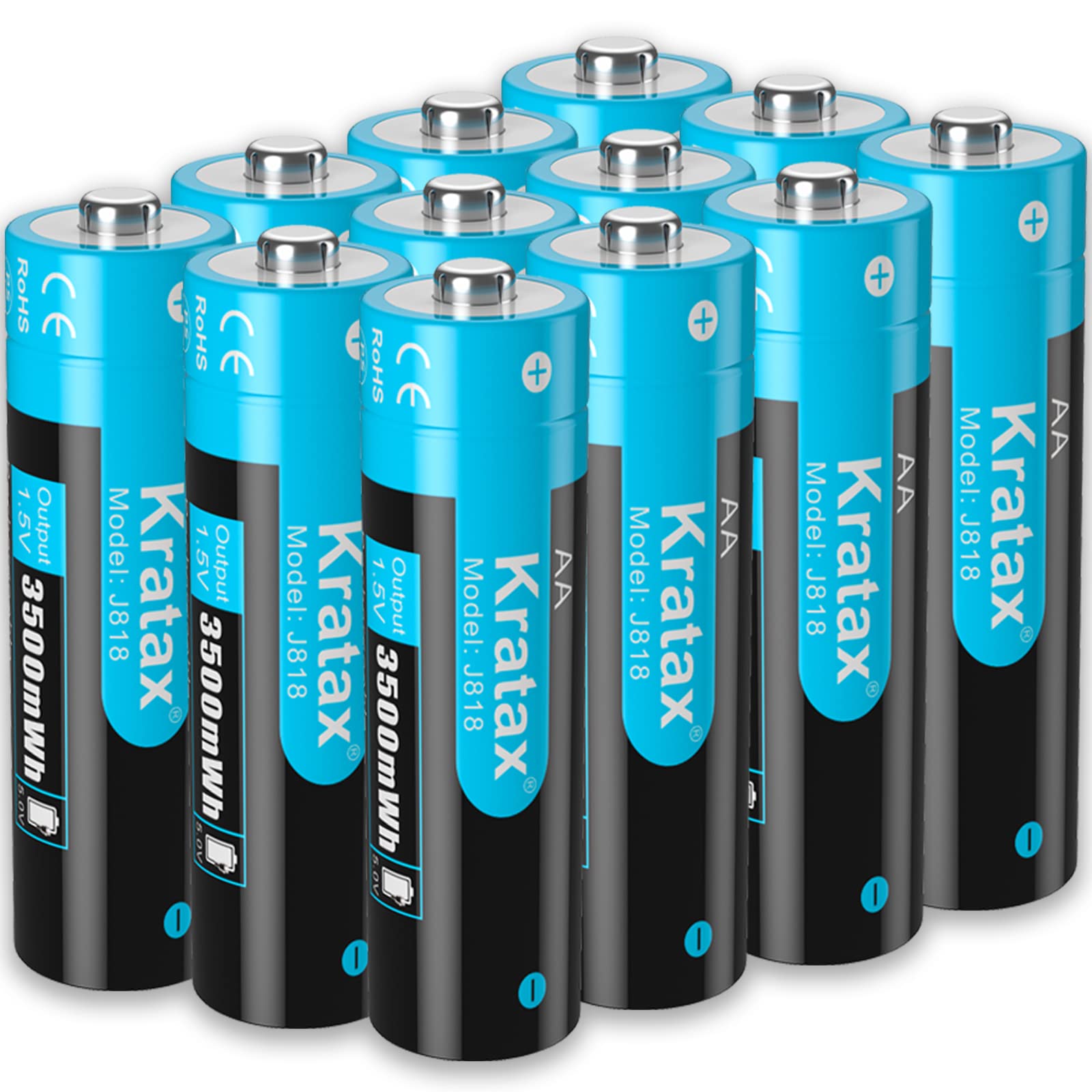 12-Pack 1.5V Rechargeable AA Lithium Batteries - 3500mWh High Capacity, 1600 Charge Cycles, Li-ion Double A Battery for Digital Cameras, Flashlights, Toys & Electronics (Charger Not Included) - Kratax