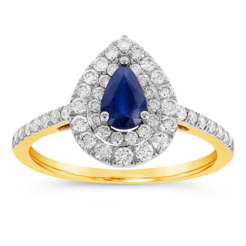 0.59ct Natural Black Sapphire & 1/2ct Diamond Double Halo Pear Ring in 9K Yellow Gold - Elegant Engagement, Wedding & Anniversary Jewelry Gift