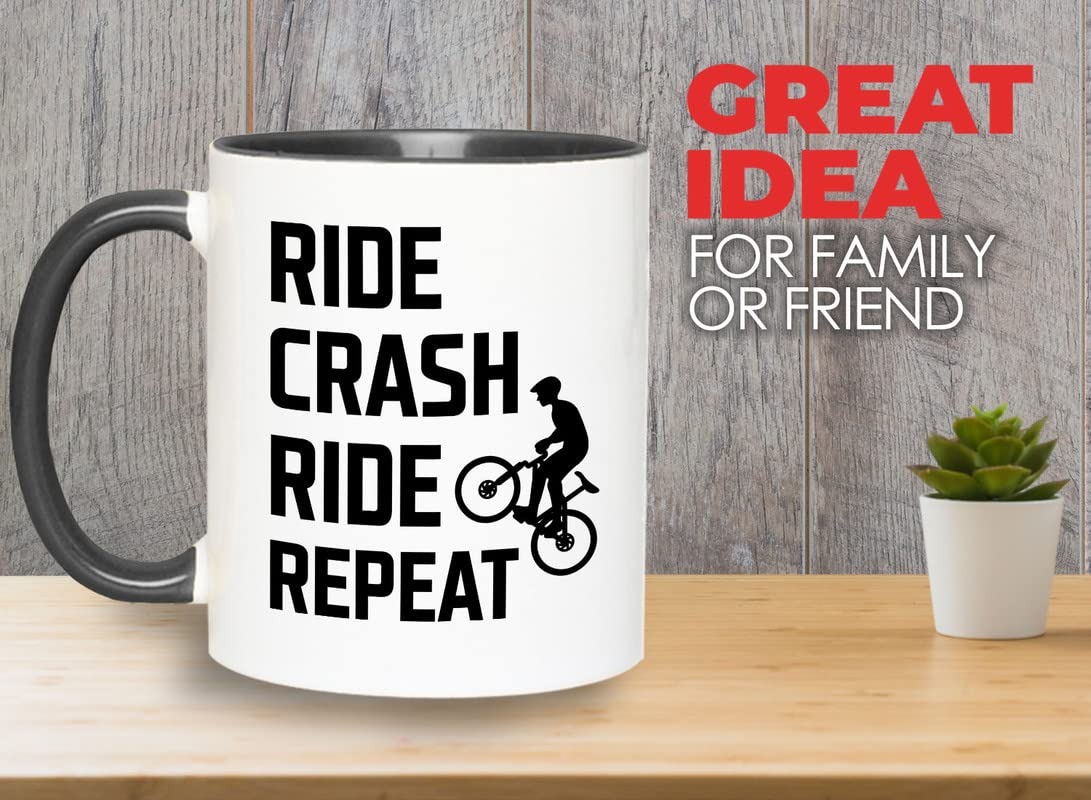 2-Tone Black 11oz Mountain Bike Coffee Mug - Ride Crash Ride Repeat - Perfect Gift for Dirt Bike, Bicycle & Road Cycling Enthusiasts - Ideal for Coffee Breaks, Office Use & Outdoor Adventures