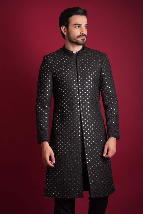 Stylish Jet Black Mirror Work Sherwani for Men - Elegant Indian Wedding & Festive Attire - Perfect for Grooms, Parties & Cultural Events