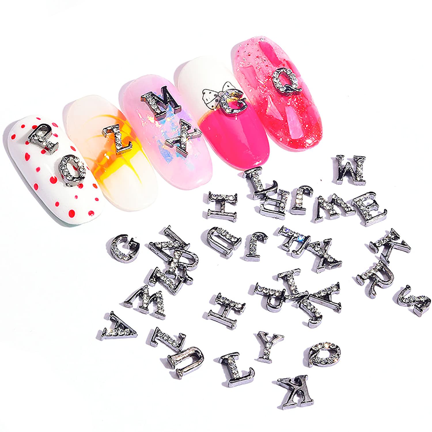 WOKOTO 104Pcs 4 Colors 3D Letter Nail Charms - Gold Rose Gold Silver Black Alphabet Nail Art Gems for Acrylic Nails, DIY Nail Design Jewelry for Women & Girls | Perfect for Manicures, Parties, Gifts & Nail Art Creations