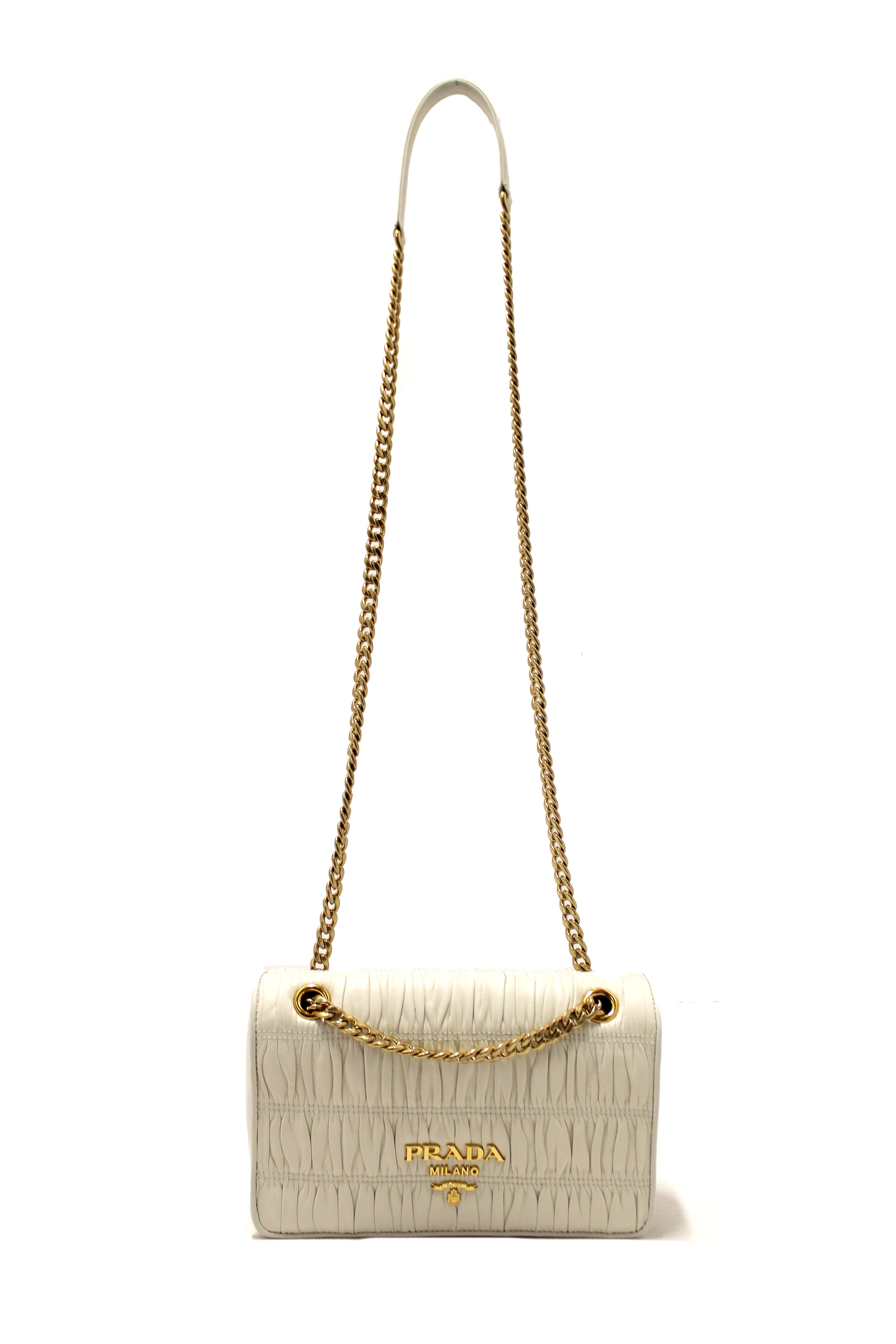 Authentic Prada Off-White Matelassé Nappa Leather Flap Chain Crossbody Bag for Women | Luxury Designer Handbag for Parties, Work & Everyday Use
