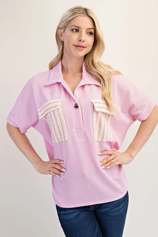 Celeste Plus Size Full Length Rib Knit Collared Shirt with Striped Pockets - Women's Casual Office Wear & Everyday Comfort