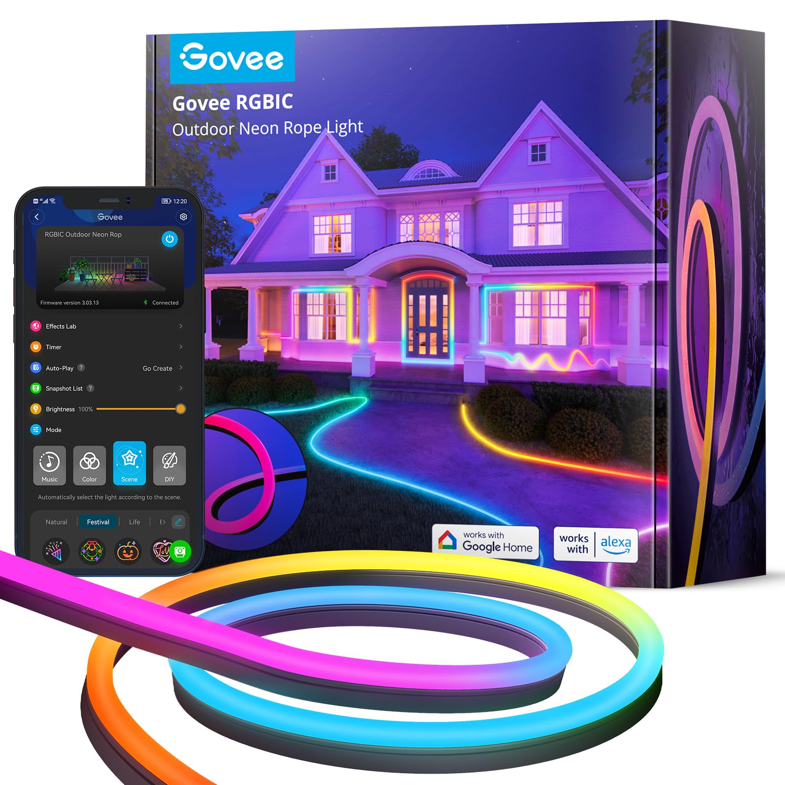 Govee 32.8ft RGBIC Outdoor Neon Rope Lights - IP67 Waterproof LED Strip Lights with 64 Scene Modes & Music Sync, Alexa & Google Assistant Compatible for Patio, Garden, and Party Decorations