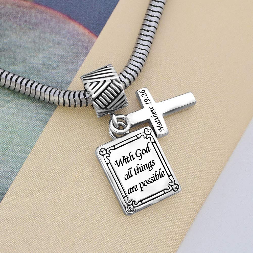 FGT Bible Cross Dangle Charm for Pandora Moments Bracelets - Engraved Scripture Verses (Matthew, Philippians) - Perfect Gift for Women, Girls & Family - Church, Prayer & Daily Wear Jewelry