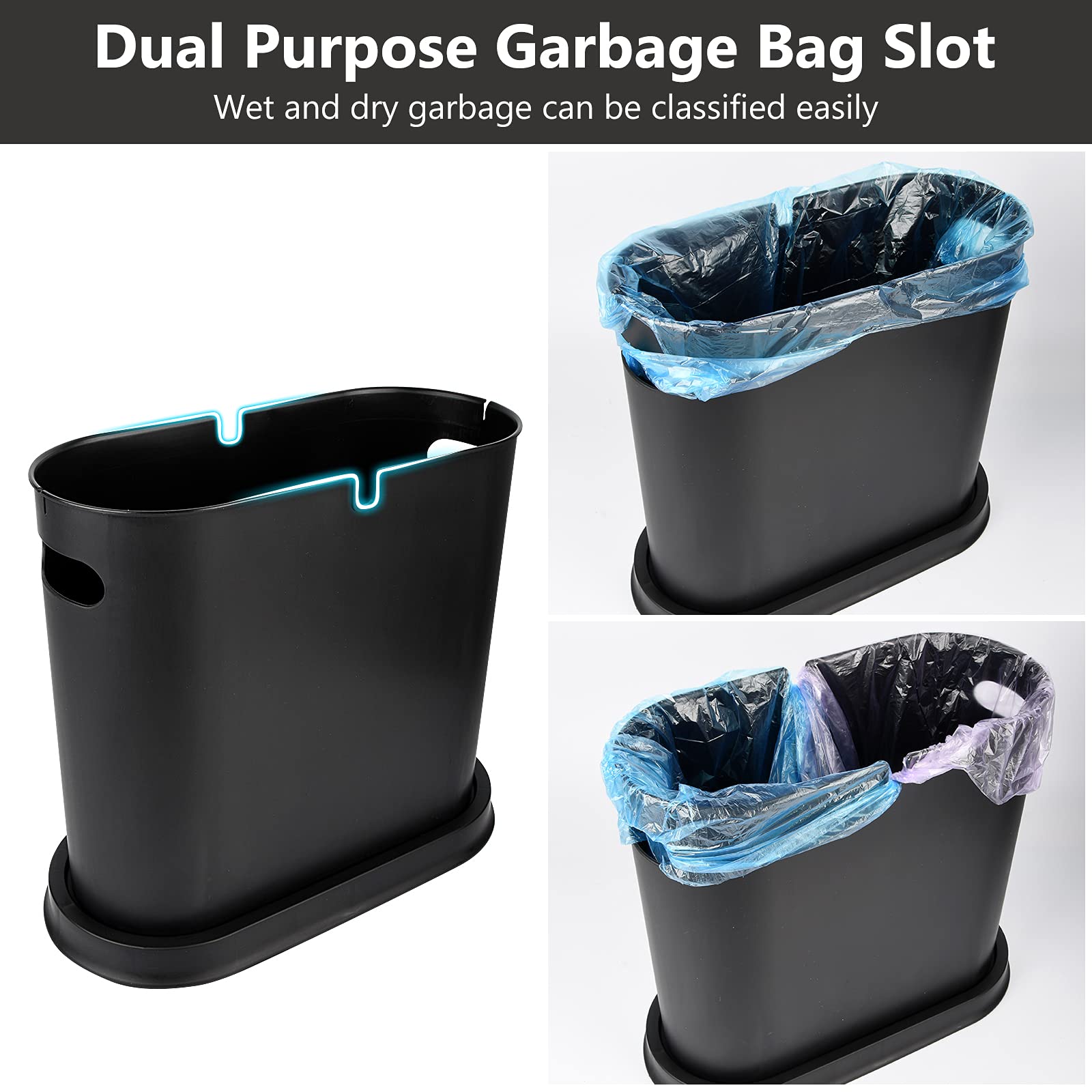 AIFUSI 10L / 2.4 Gallon Slim Plastic Trash Can with Press Top Lid - White & Black Waste Bin for Kitchen, Bathroom, Office | Space-Saving Garbage Container for Small Spaces & Narrow Corners