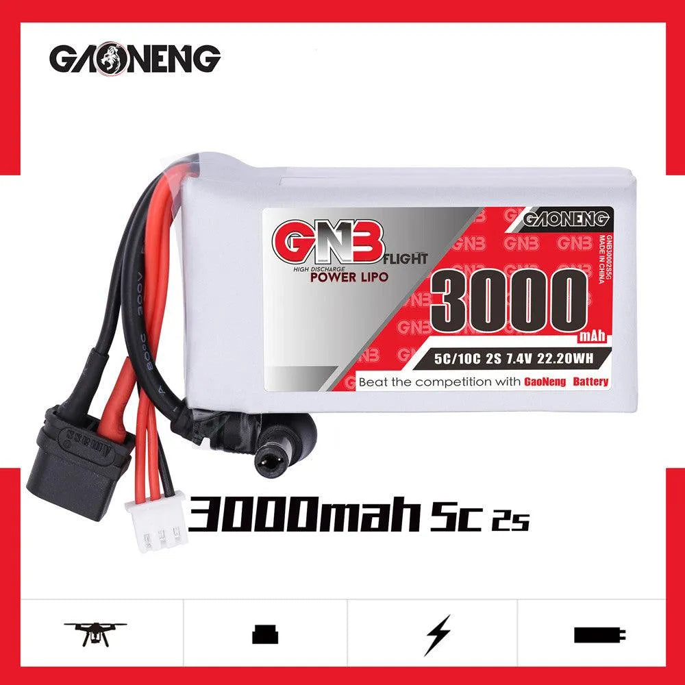 GAONENG 3000mAh 2S 7.4V LiPo Battery with XT60 Plug & DC 5.5*2.1mm Connector - Compatible with Fat Shark HD Goggles, FPV Drones, and RC Cars - Perfect for Extended Flight Time and High-Performance RC Applications