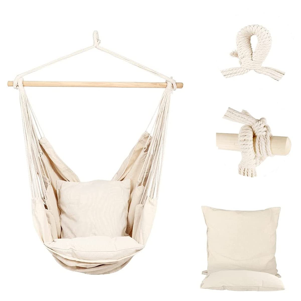 Alisaber Hammock Chair Swing - Macrame Hanging Chair with Cotton Canvas, Storage Bag & 2 Cushions - 570 lbs Weight Capacity - Indoor/Outdoor Use for Bedroom, Patio, Garden, Balcony - Beige