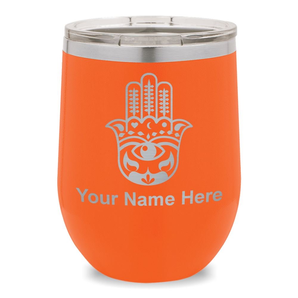 Personalized Hamsa Wine Glass Tumbler with Engraving - Orange Drinking Cup for Wine, Cocktails & Gifts | Perfect for Parties, Weddings & Home Bar Decor
