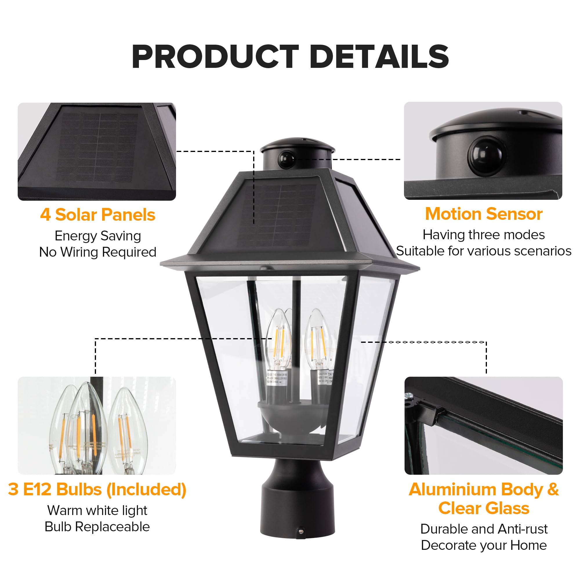 LUTEC Outdoor Solar Lamp Post Light with Motion Sensor - Waterproof Dusk to Dawn Pole Light, 3 Brightness Modes, Black Solar Powered Fence Post Fixture for Garden, Pathway, Driveway & Yard Lighting