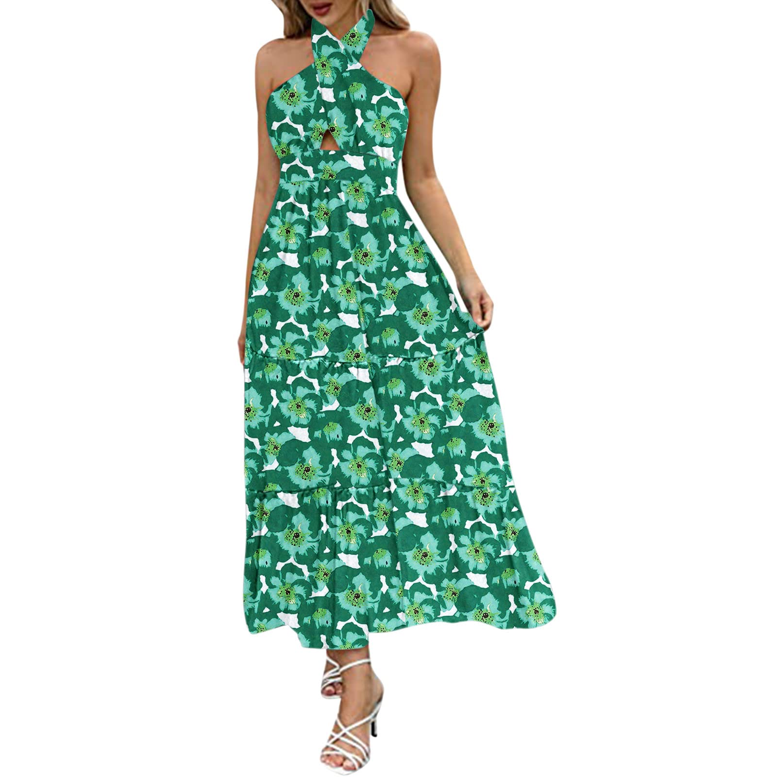 Women's Sexy Floral Halter Neck Sleeveless Backless Maxi Dress - Summer A-Line Flowy Cut Out Design for Beach Party & Date Night