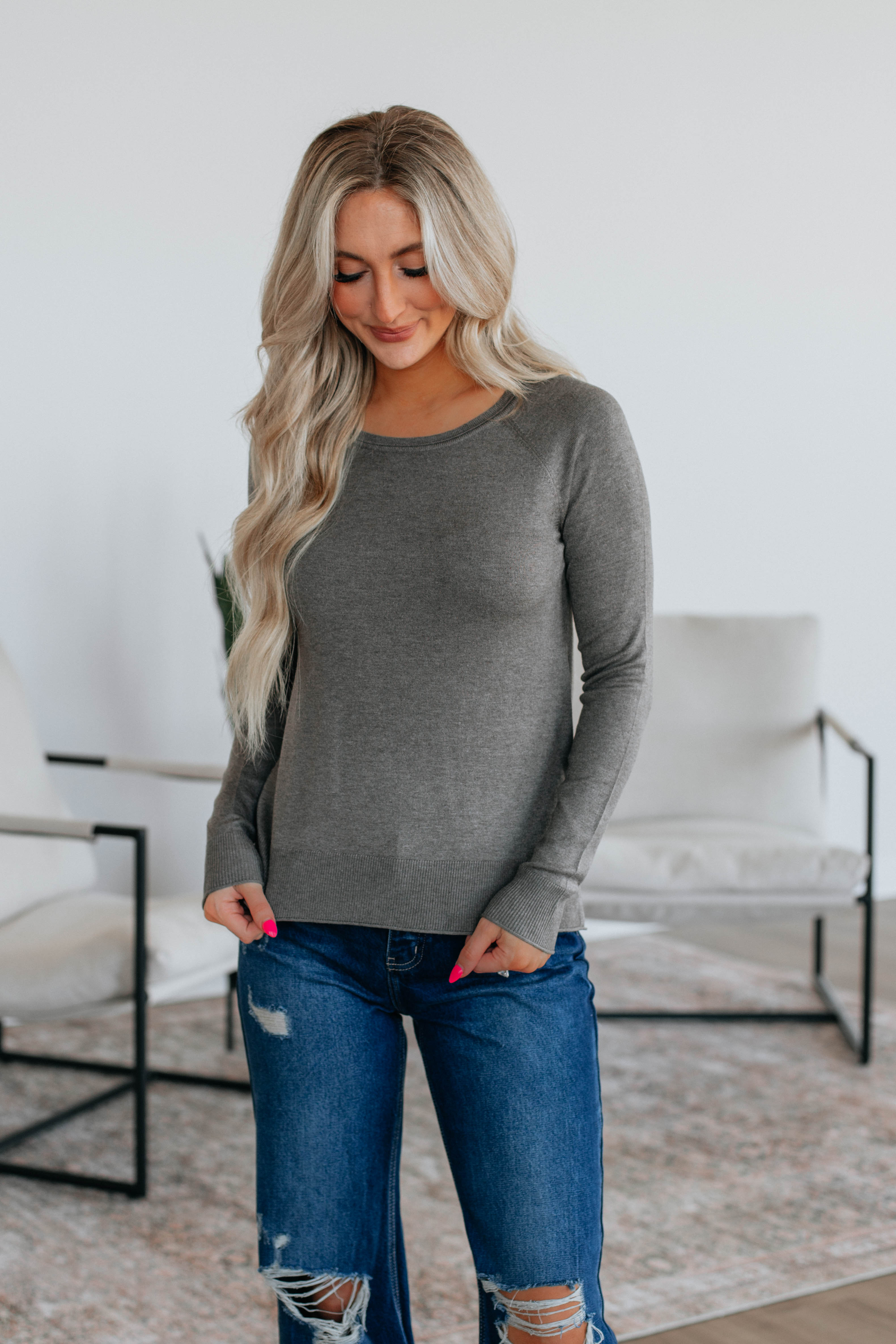 Anneke Women's Long Sleeve T-Shirt - Soft Cotton Crewneck Casual Top in Smoke Gray | Perfect for Work, Travel & Everyday Wear