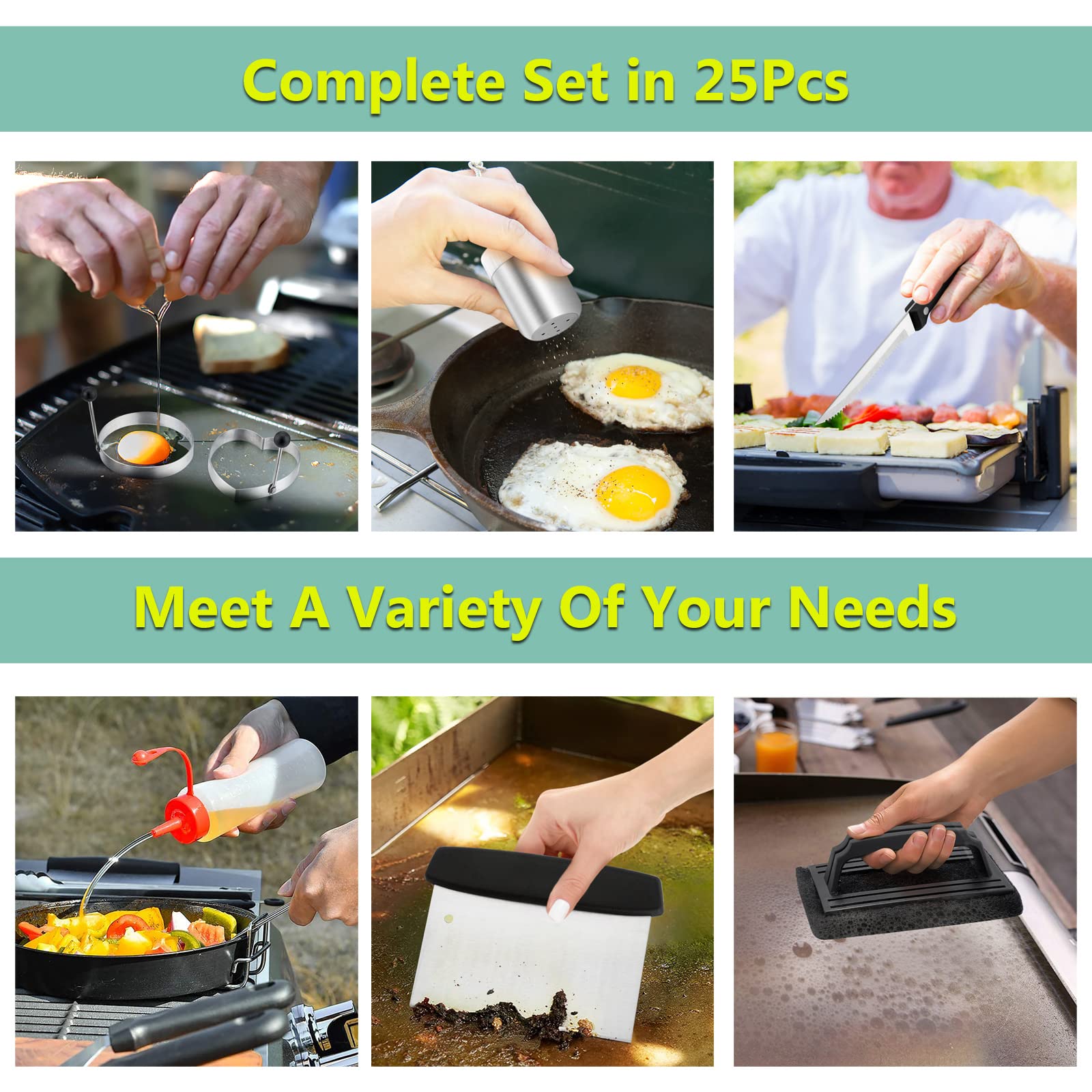 **HaSteeL 25-Piece Stainless Steel Griddle Accessories Kit – Heavy Duty Teppanyaki Tools Set with Metal Spatulas, Melting Domes & Burger Press – Perfect for Flat Top Grilling, Camping, Outdoor BBQ & Home Cooking – Easy to Clean & Durable**
