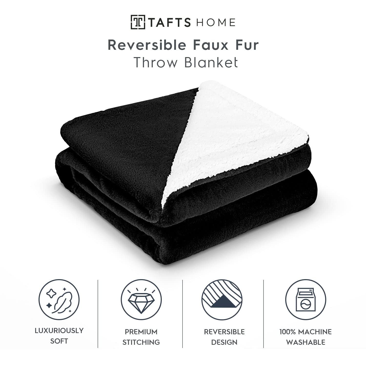 Tafts Faux Fur & Sherpa Throw Blankets - Ultra Soft, Cozy & Fluffy Fleece Blankets for Couch, Bed & Living Room - All Season Warm Blanket in Midnight Black - Perfect for Snuggling, Movie Nights & Home Decor