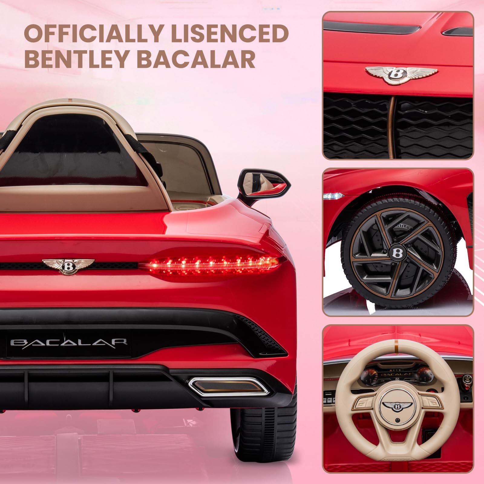 Hetoy 12V Kids Ride On Car - Licensed Bentley Bacalar Electric Vehicle with Parent Remote Control, Scissor Doors, 3 Speed Modes, LED Lights & Music - Red Battery Powered Toy Car for Boys & Girls - Perfect for Birthday Gifts, Outdoor Play & Backyard Fun