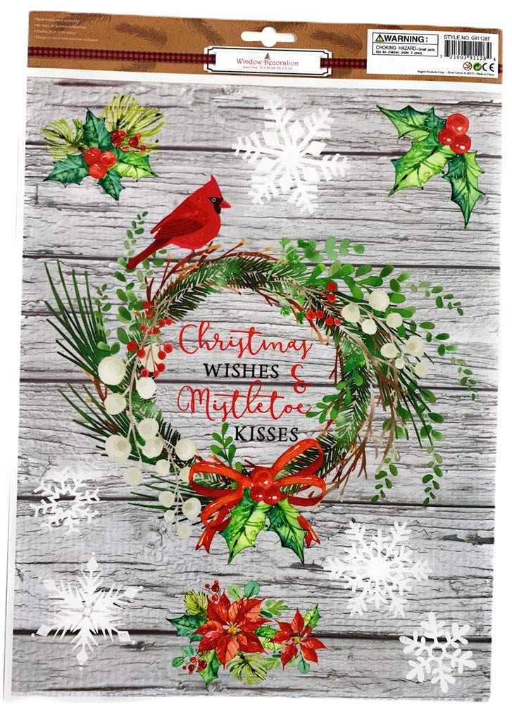 Regent Products Vinyl Window Cling Christmas Decorations - Holiday Window Stickers for Home, Doors, Cars & Windshields (Christmas Wishes Mistletoe Kisses Design) - Perfect for Holiday Home Decor, Office & Retail Displays