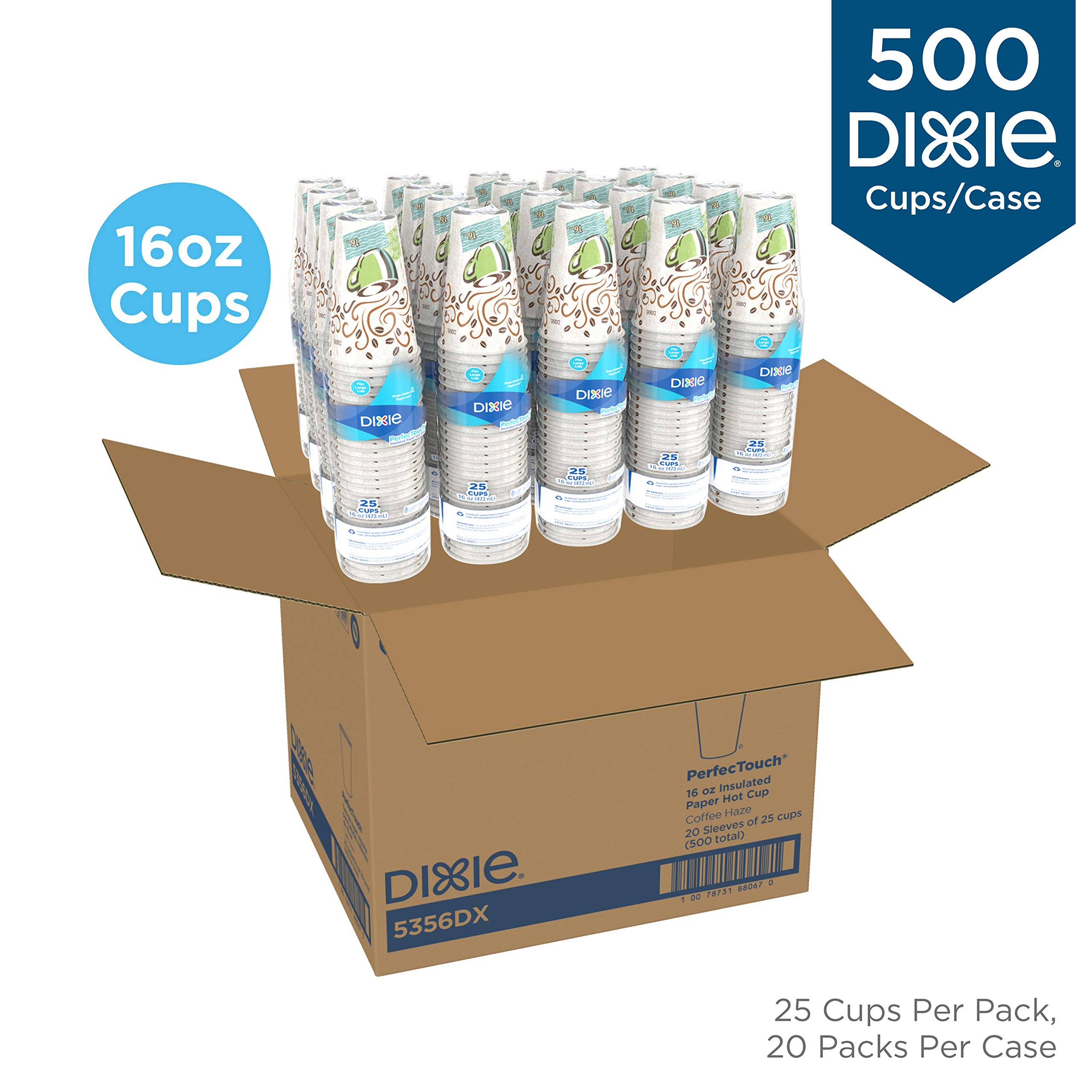 **Dixie PerfecTouch 16 oz Insulated Paper Coffee Cups – Hot & Leak-Proof (500 Count, 20 Sleeves) – Coffee Haze Design for Cafés, Offices & Home Use**
