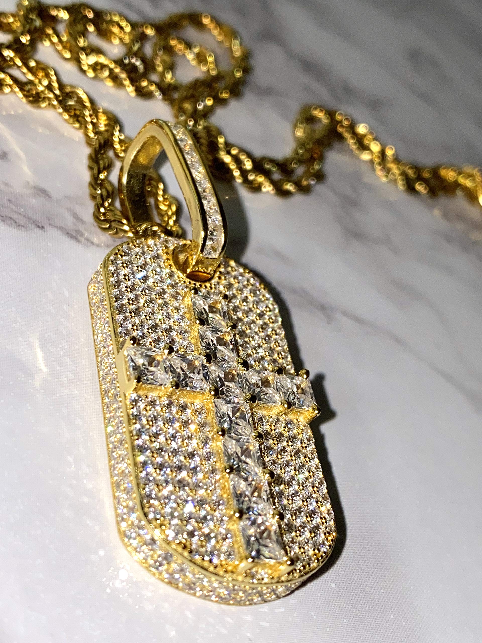 925 Sterling Silver Iced Out Baguette Cross Dog Tag Pendant with 2mm Stainless Steel Rope Chain Necklace (16