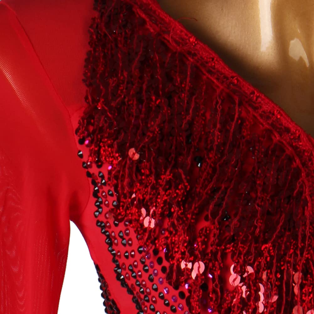 Elegant Red Sequin Ballroom Dance Dress for Women - Tango, Waltz, Standard & Smooth Competition - Perfect for Dance Performances & Social Events