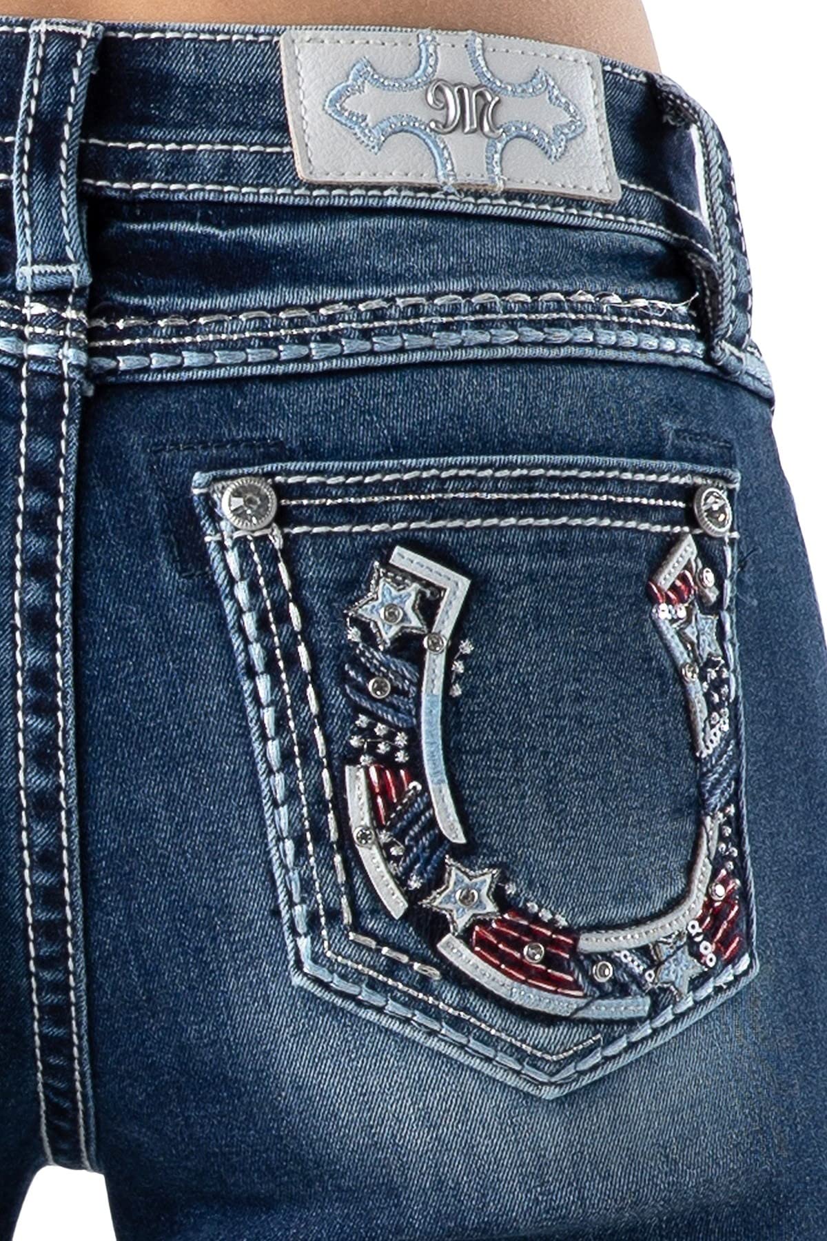 Miss Me Women's Mid-Rise Bootcut Jeans with American Horseshoe Embellishment - Stylish Denim Pants for Casual Wear, Night Out & Western Fashion