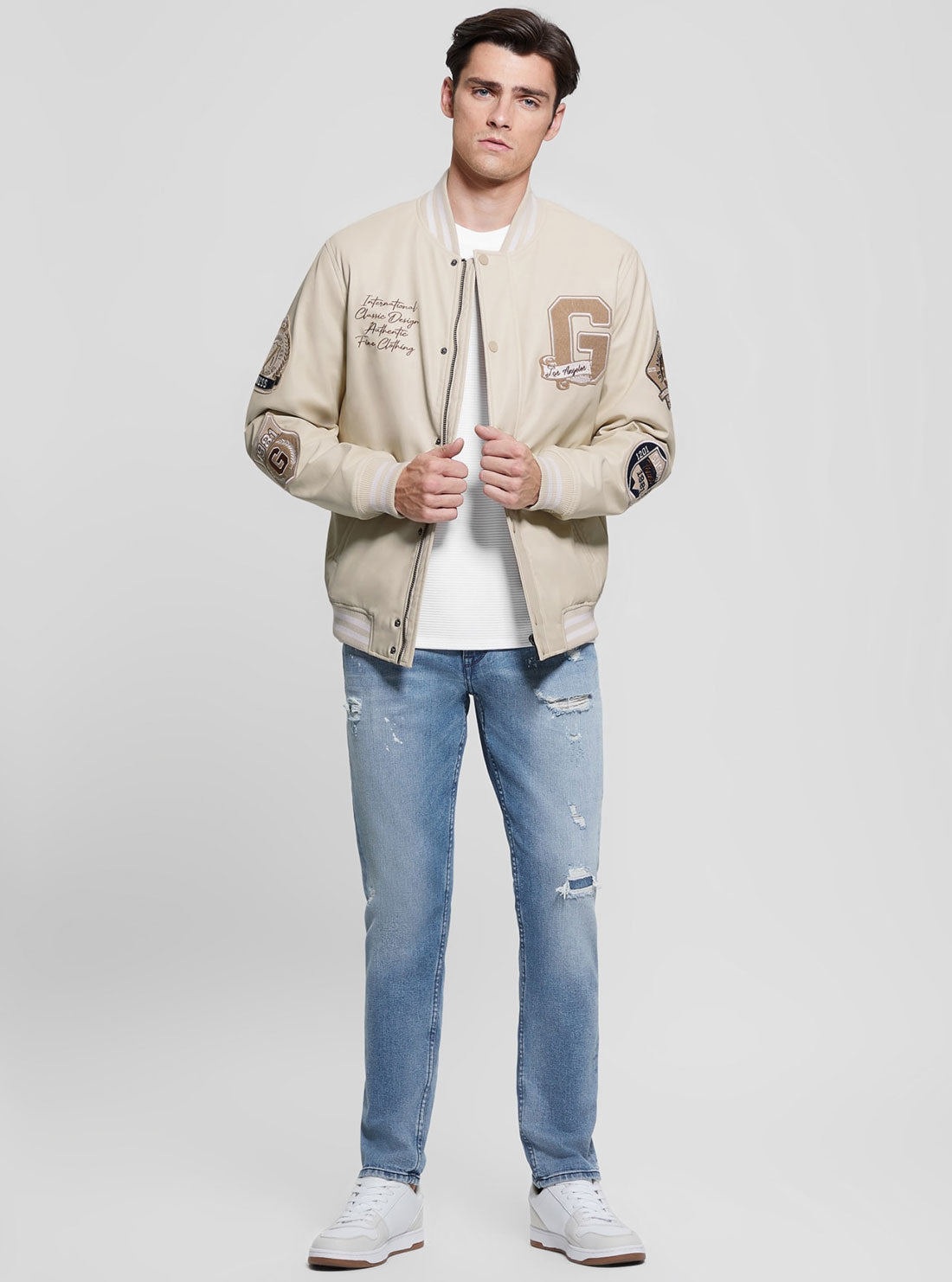Beige Varsity Bomber Jacket for Men - Retro Baseball Letterman Jacket with Ribbed Cuffs - Casual Outerwear for College, Streetwear & Fall Fashion