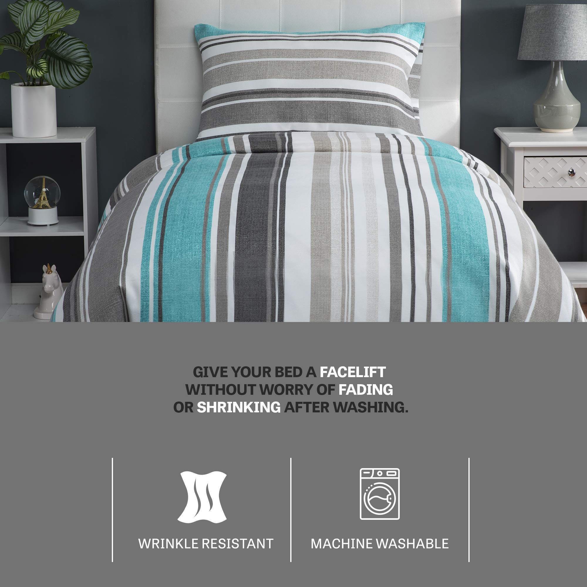 XLNT Twin Size Bedding Set - 6 Piece Duvet Cover, Comforter Cover, Bed Sheet & Pillowcases - Soft Cotton Blend, Machine Washable - Riptide Boston Blue Design - Perfect for Kids' Rooms, Guest Beds & Dorm Essentials