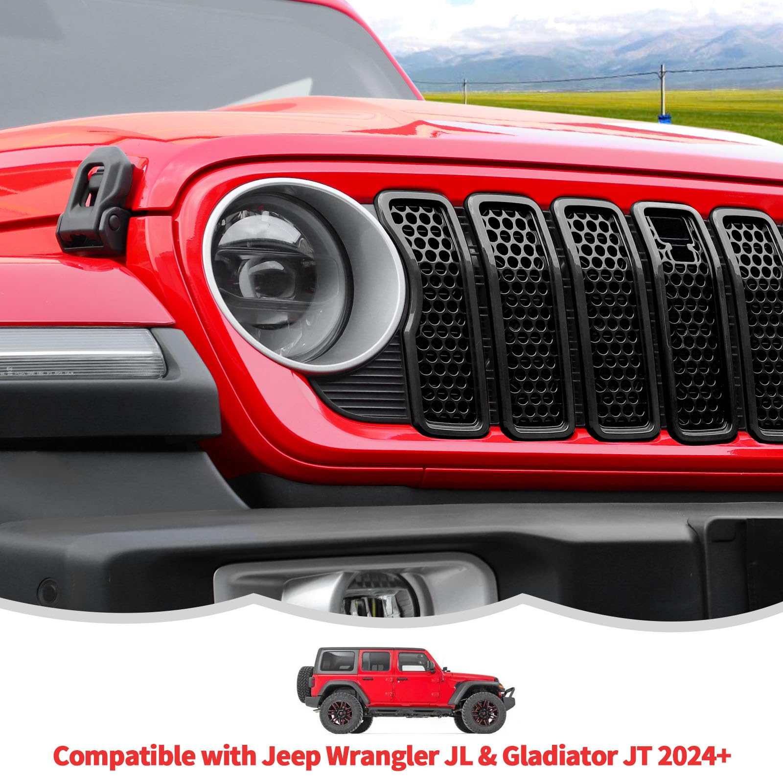 Black Front Grille Mesh Inserts with Camera Grill Decoration | Exterior Accessories for Jeep Wrangler JL/JLU & Gladiator JT (2024+) | Off-Road Protection & Custom Style Upgrade