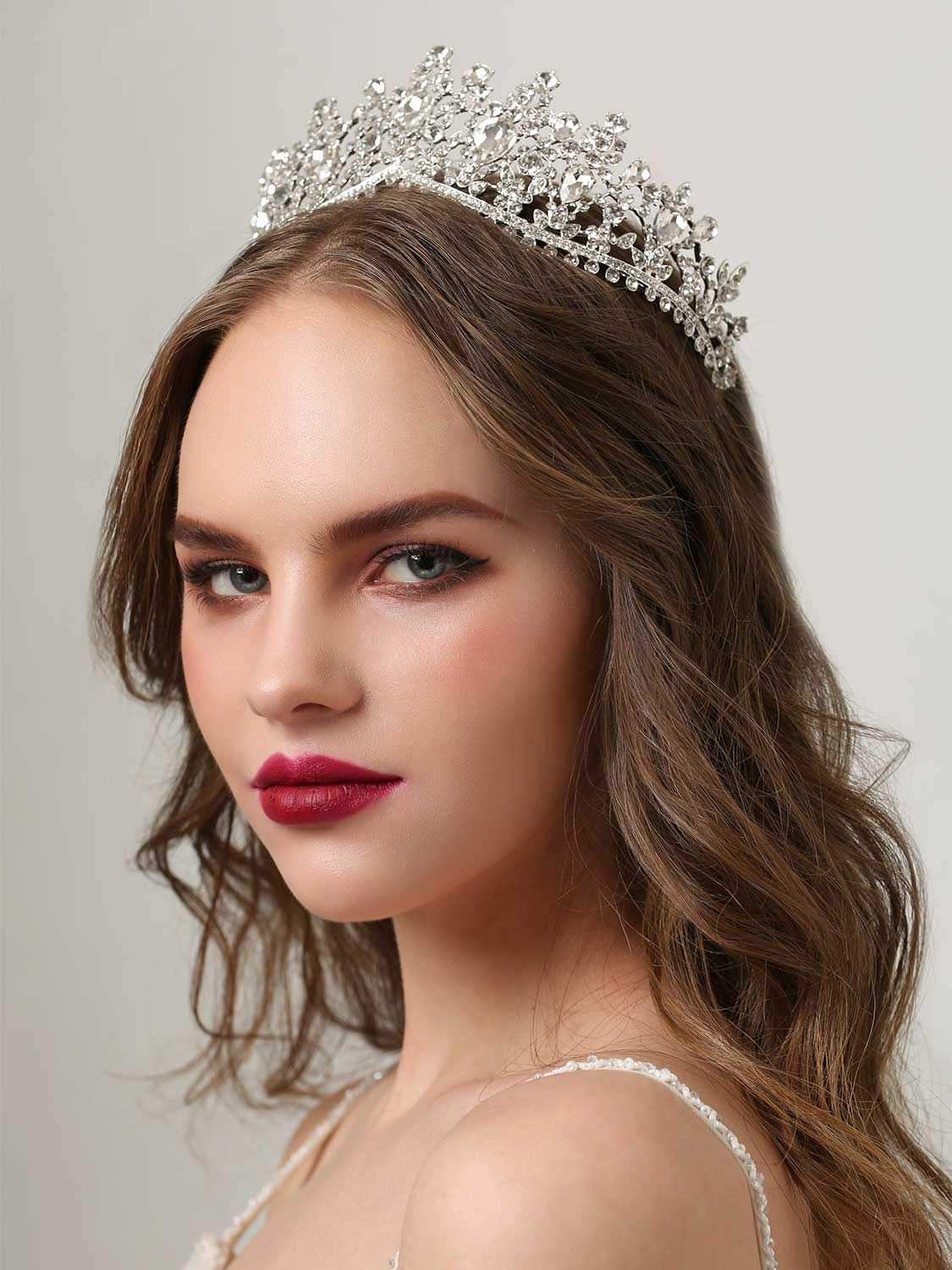 SWEETV 3-Piece Bridal Jewelry Set - Silver Wedding Crown Tiara with Matching Earrings & Necklace for Bride, Crystal Bridal Accessories for Wedding, Prom, Pageant, Birthday & Costume Parties (Ages 15+)