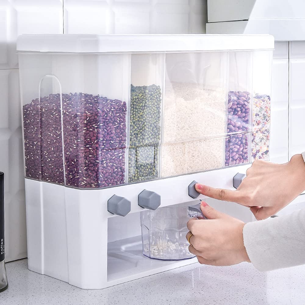 Clear Plastic 5-Grid Cereal Dispenser with Lid - Dry Food Storage Container for Rice, Cereal, Pasta - Perfect for Kitchen Pantry Organization (White)
