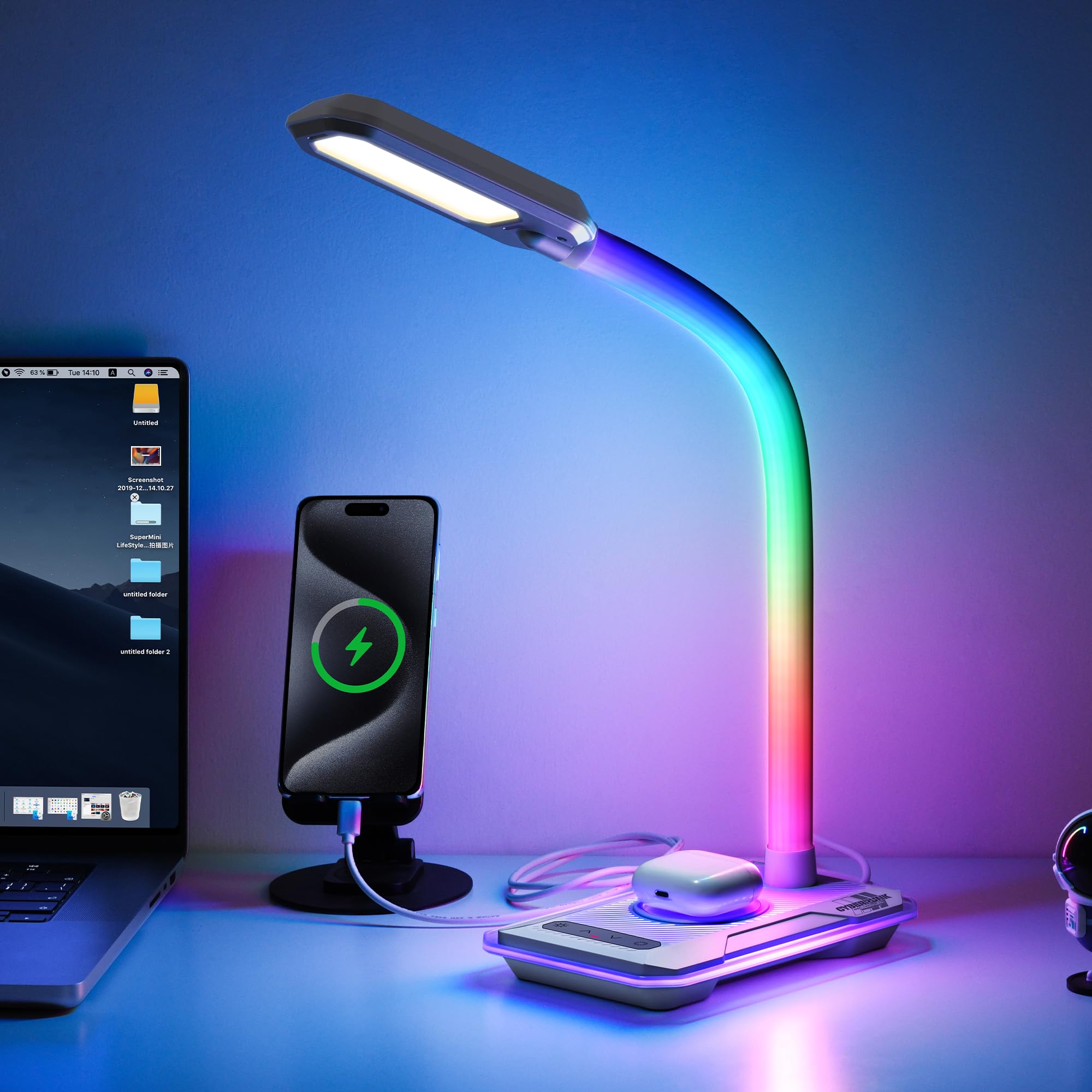 WILIT LED Desk Lamp with Wireless Charger & USB Port - RGB Color Changing Gaming Light, Touch Control, Dimmable 3 Color Temperatures - Perfect for Home Office, Gaming Setup & Nightstand Use (White)