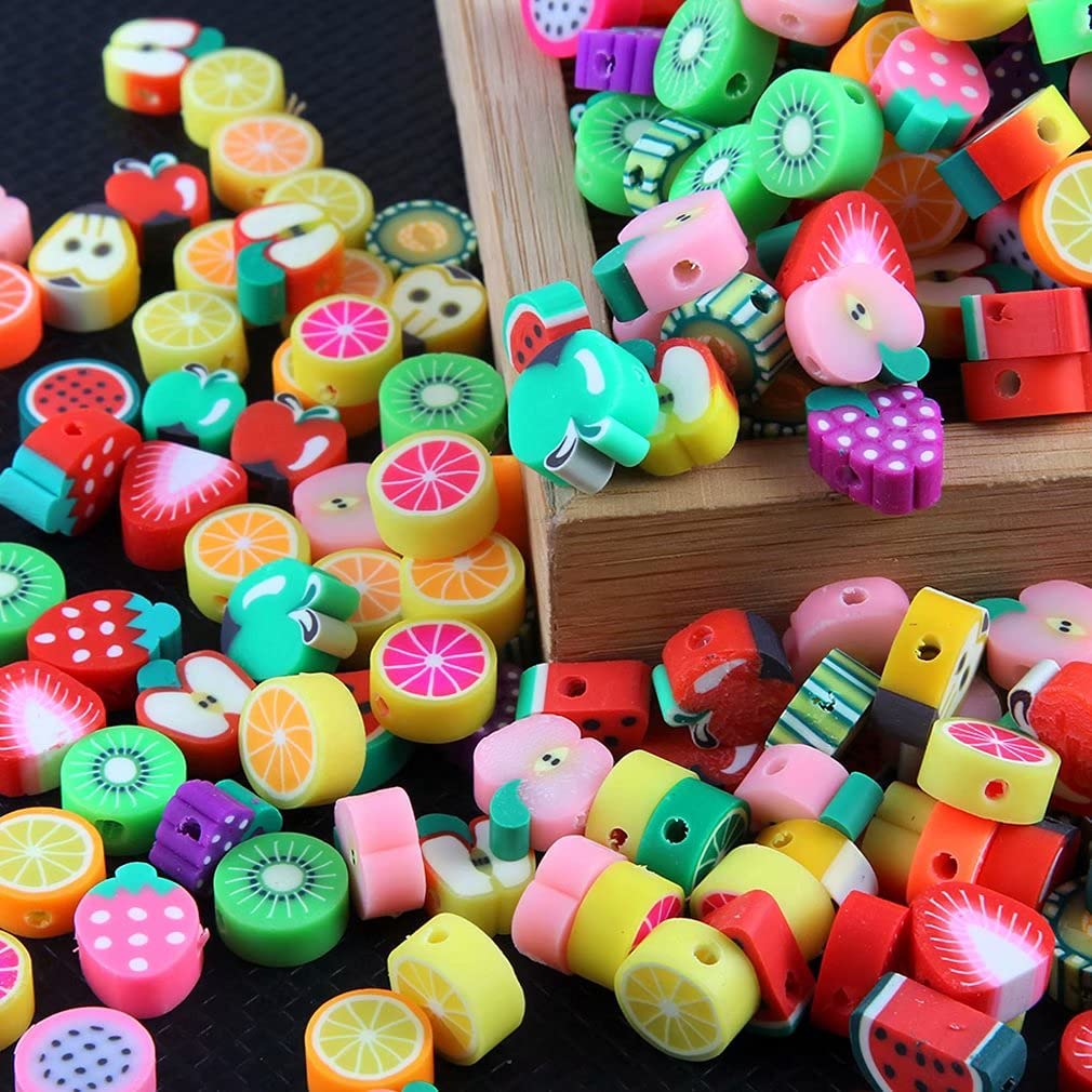 100pcs Mixed Fruit Polymer Clay Spacer Beads for DIY Jewelry Making - Bracelet, Necklace & Hair Accessories Kit (Assorted Fruit Designs) | Perfect for Women's Handmade Crafts, Gift Making & Boho Style Jewelry Projects