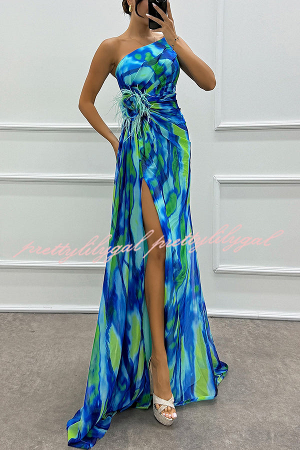 Elegant Watercolor Print Feather Rose Off-Shoulder Pleated Maxi Dress with Slit - Perfect for Summer Weddings, Beach Vacations & Boho Fashion