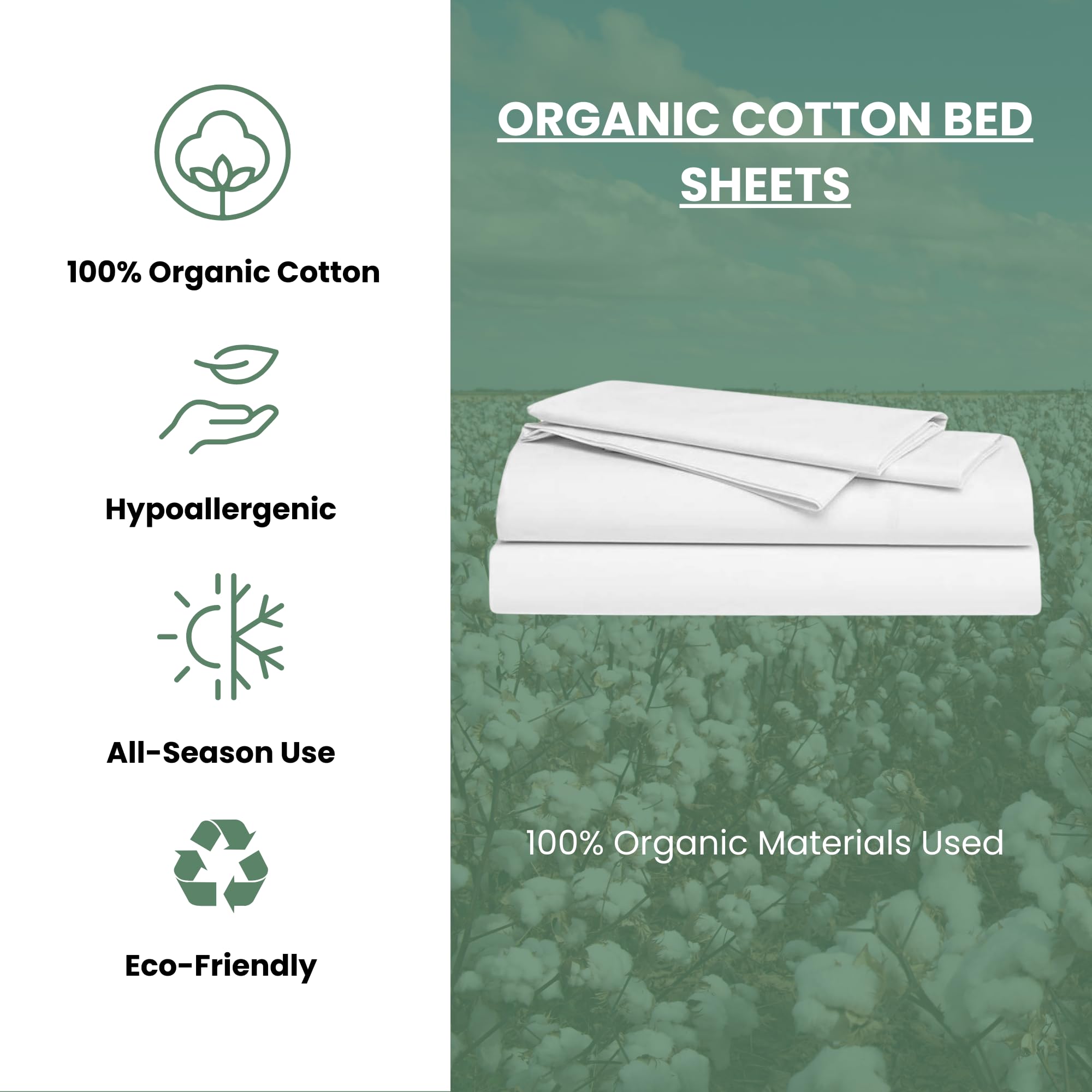 Organic Cotton Bed Sheets Set - Twin XL Size, White - 350 Thread Count, GOTS Certified, Breathable & Comfortable, Luxurious Soft Feel - Perfect for Bedroom, Dorm, Guest Room - All Season Use, Machine Washable