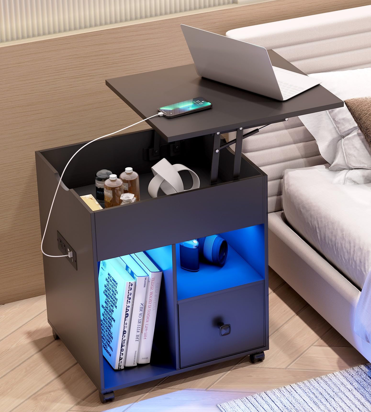 DNBSS LED Lift Top Nightstand with USB Charging Station - Smart Bedside Table with Motion Sensor, Lockable Wheels & Storage Drawer - Perfect for Modern Bedrooms, Living Rooms & Small Spaces (Black)