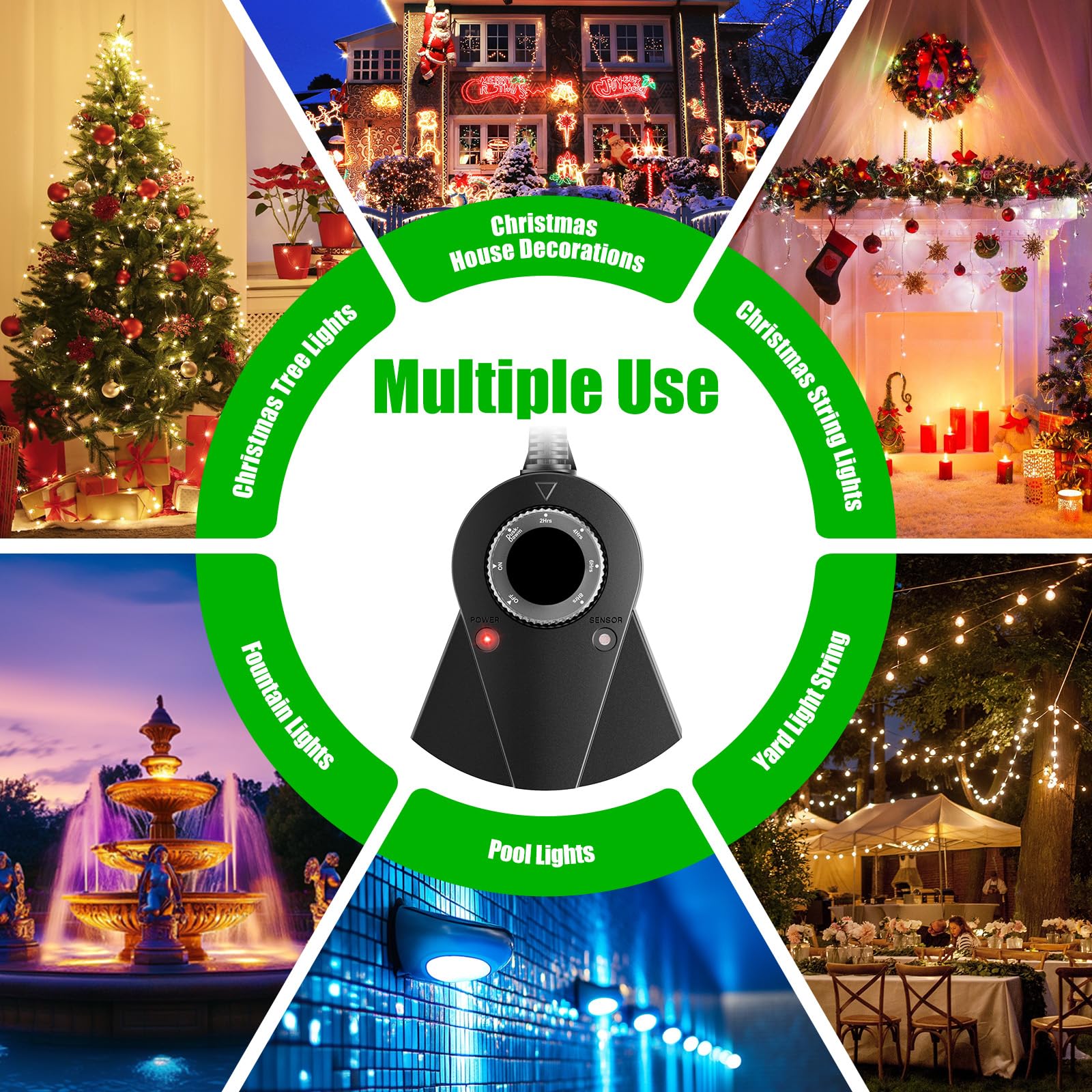Outdoor Light Sensor Timer - 24 Hour Heavy Duty Waterproof Electrical Outlet Timer with 2/4/6/8 Hour Countdown Modes, 3 Grounded Outlets for Garden, Backyard & Home Use (2 Pack) - Perfect for Landscape Lighting, Holiday Decorations & Automatic Irrigation Systems