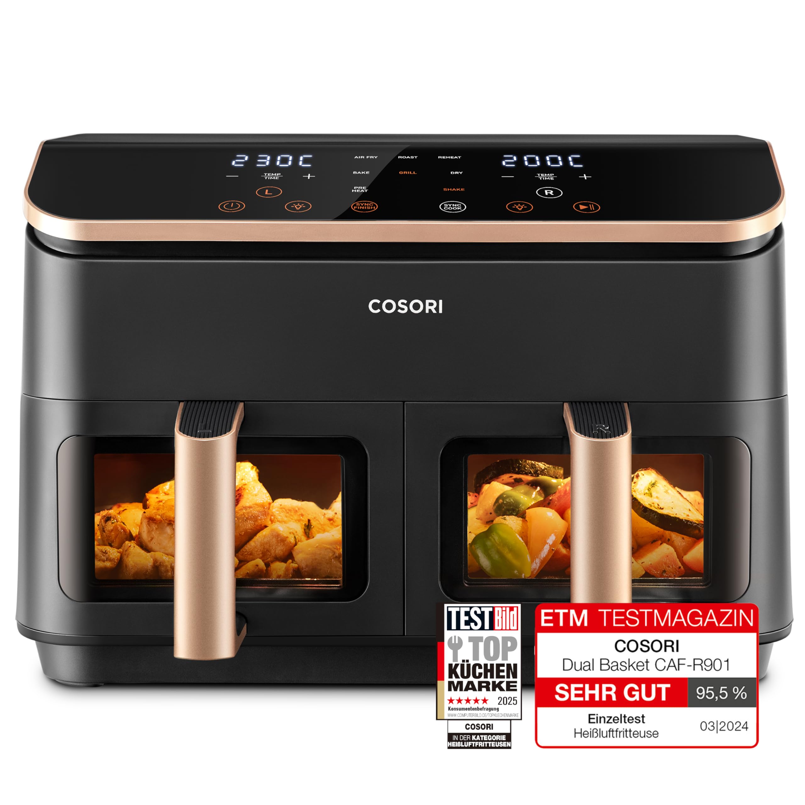 Cosori 8.5L XXL Dual Zone Air Fryer with Viewing Window - 2 Compartments, 6-in-1 Functions for Full Meals - Includes 50 Recipes - Energy Efficient for Healthy Cooking - Perfect for Family Dinners, Meal Prep & Entertaining