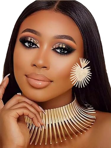 African Style Gold Statement Bib Necklace & Earrings Set - Indian Inspired Choker Jewelry for Women & Girls - Perfect for Parties, Weddings & Festive Occasions