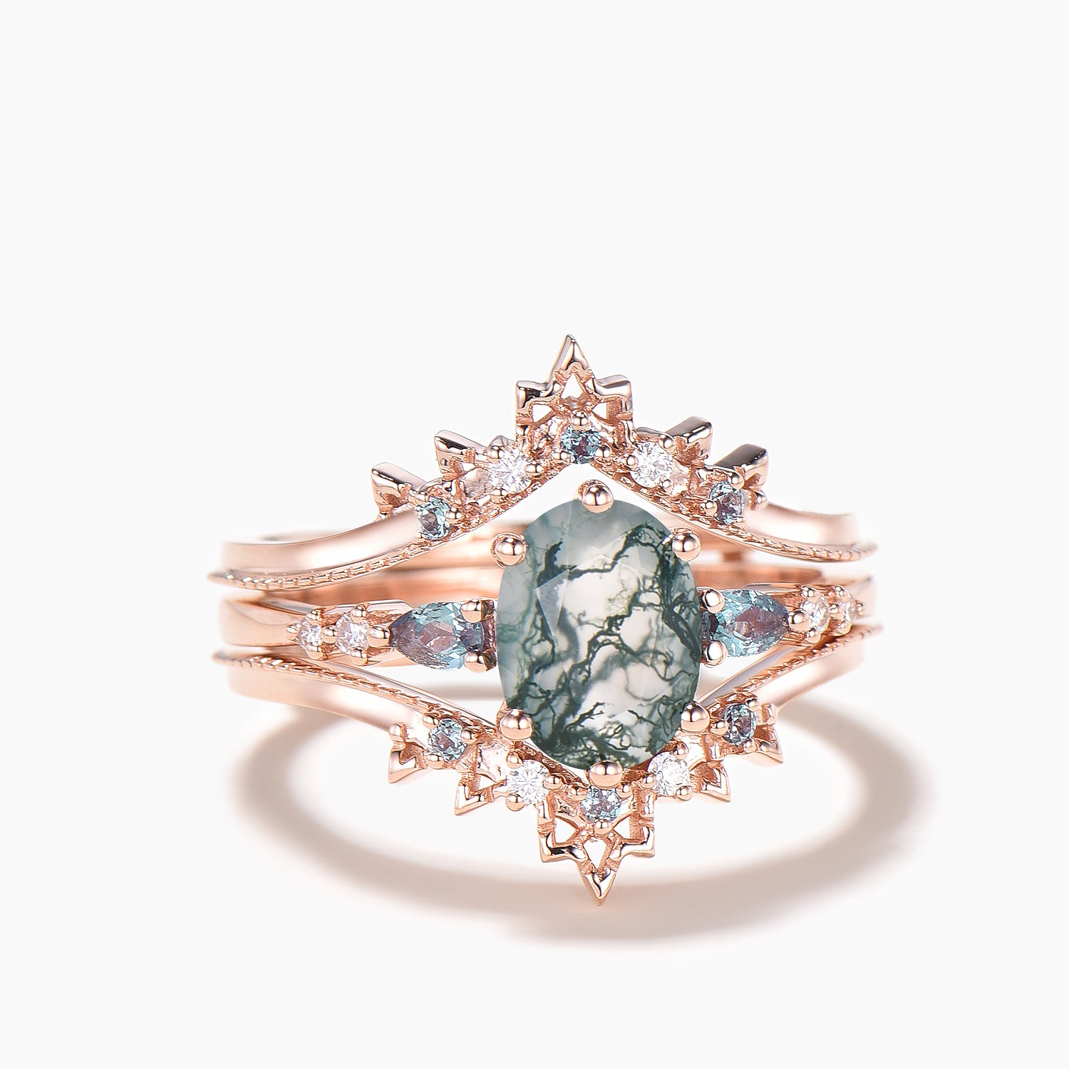 Natural Oval Cut Moss Agate Engagement Ring with Alexandrite & Diamond Accents - Wedding Band Enhancer for Bridal Jewelry & Special Occasions