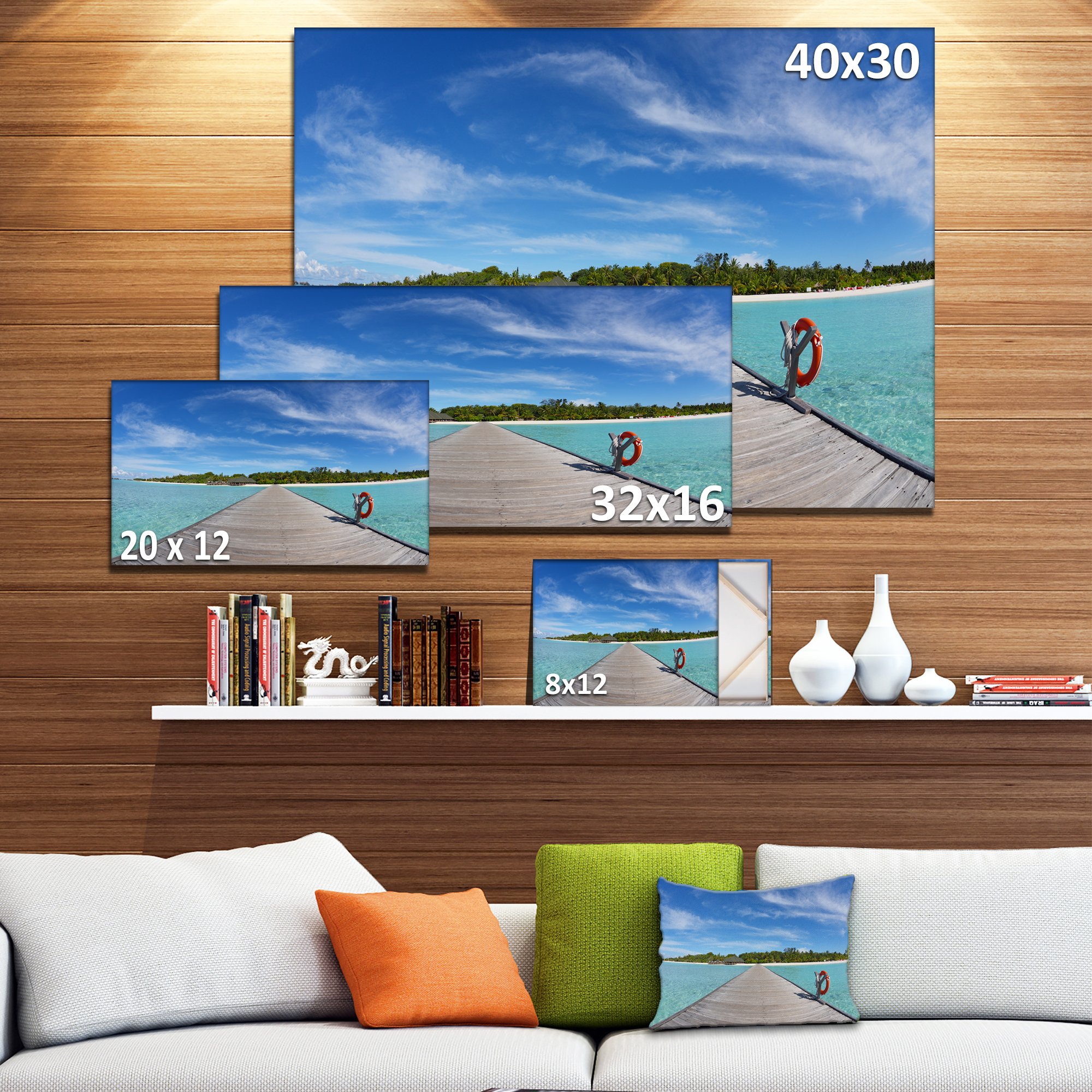 Tropical Beach Wooden Pier & Sea Bridge Canvas Wall Art - Coastal Decor for Living Room, Bedroom, or Office