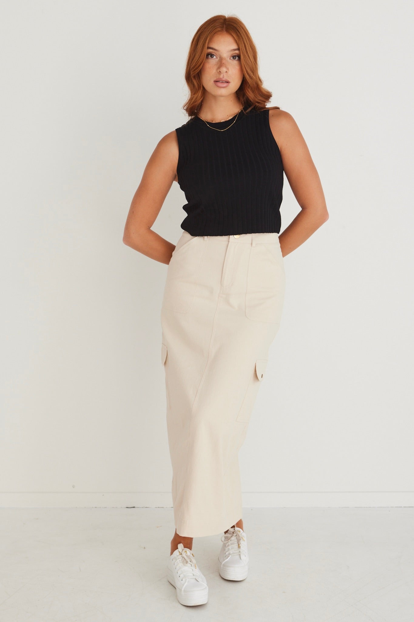 Frank Ivory Cotton Utility Midi Skirt for Women - Casual Stretch Waist A-Line Skirt with Pockets - Perfect for Work, Office, and Everyday Wear