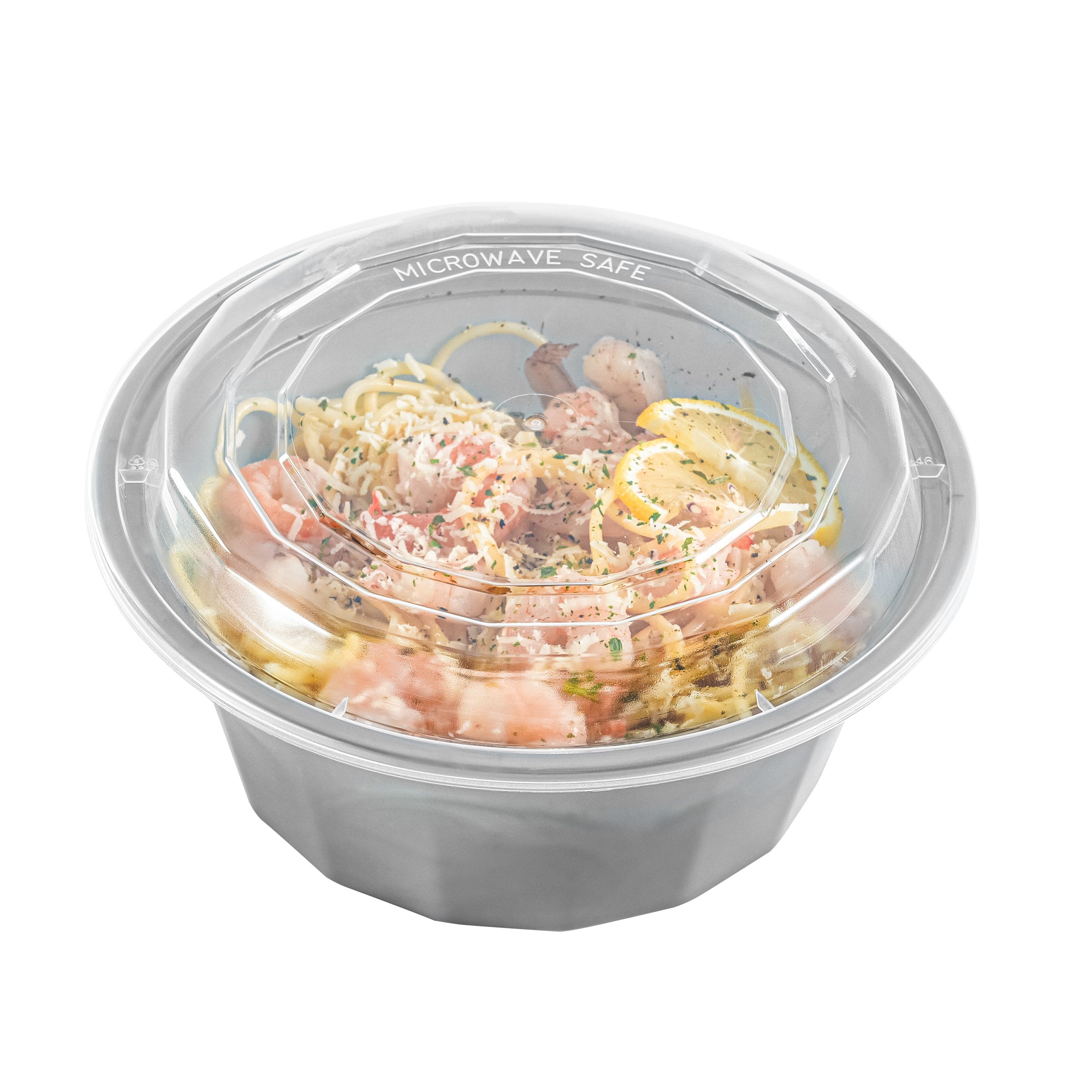 32 oz Round Silver Plastic Food Storage Containers with Clear Lids - Microwave Safe, Reusable To-Go Boxes (7.25