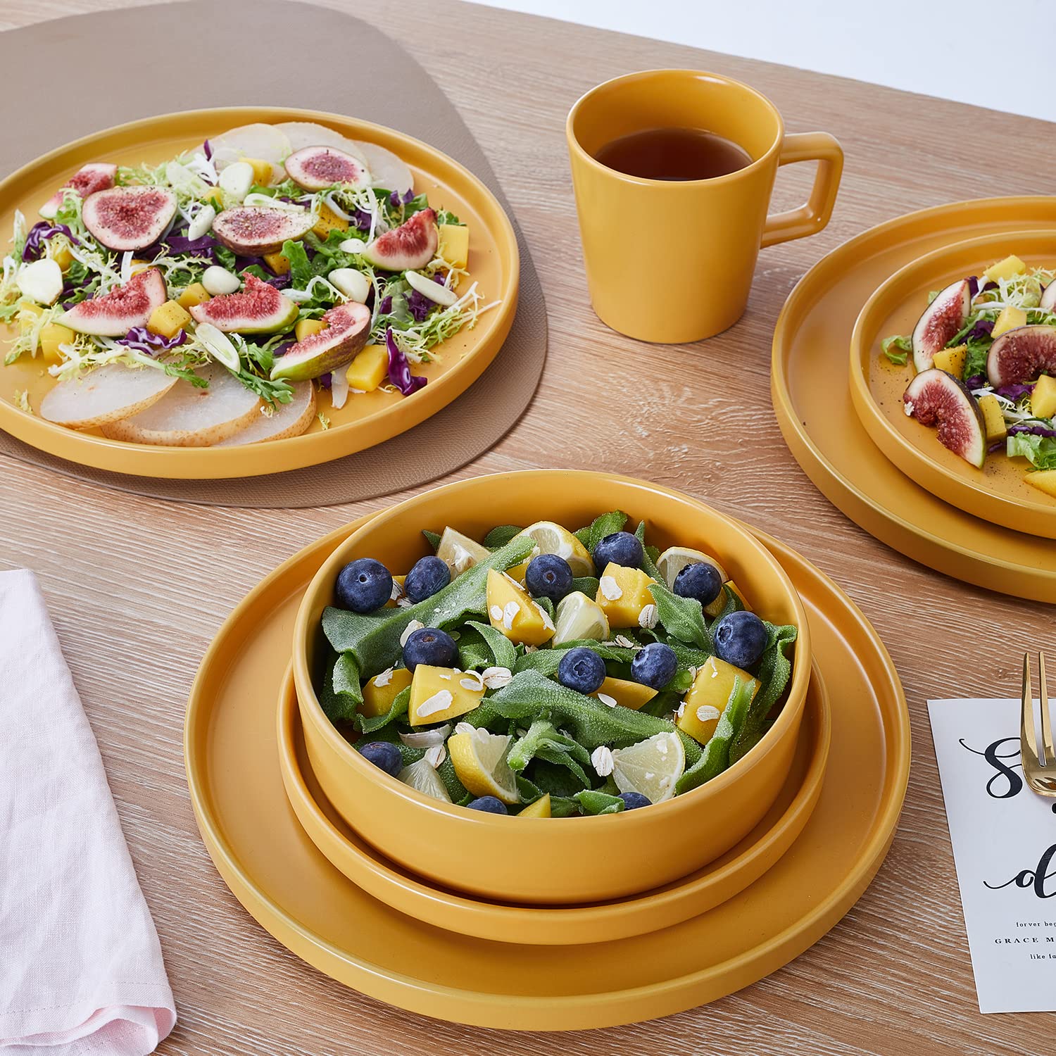 Stone Lain Cleo Modern Stoneware 32-Piece Dinnerware Set - Plates, Bowls & Pasta Dishes for 8 People, Yellow | Elegant Table Setting for Family Dinners, Parties & Entertaining Guests