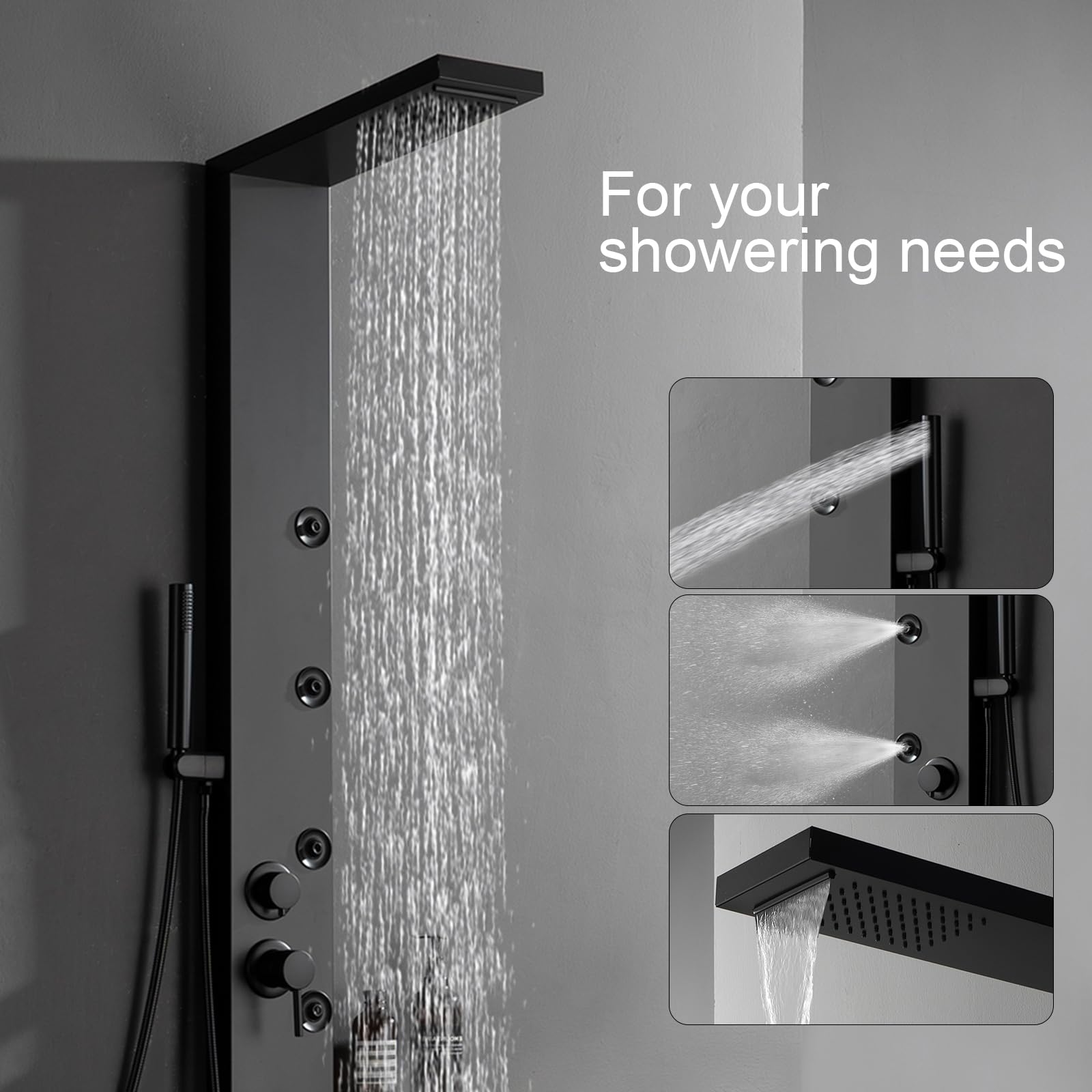 5-in-1 Stainless Steel Shower Panel System with Rainfall Shower Head, Waterfall & Body Jets - Matte Black Bathroom Fixture with Storage Shelf | Perfect for Spa-Like Experience & Modern Bathroom Upgrade