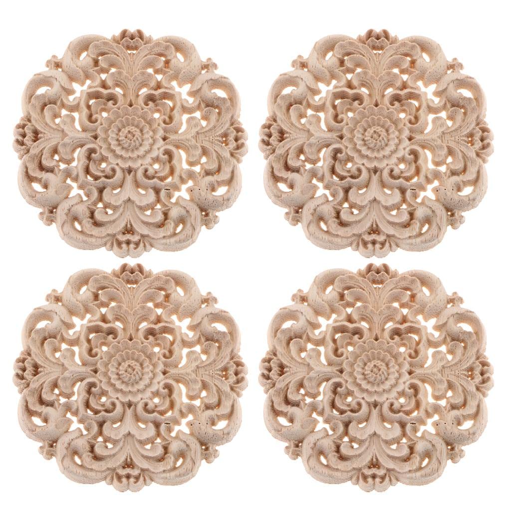 4Pcs Chinese Western Style Wooden Carved Flower Round Wall Appliques - Home Decor Accents for Living Room, Bedroom & Dining Room