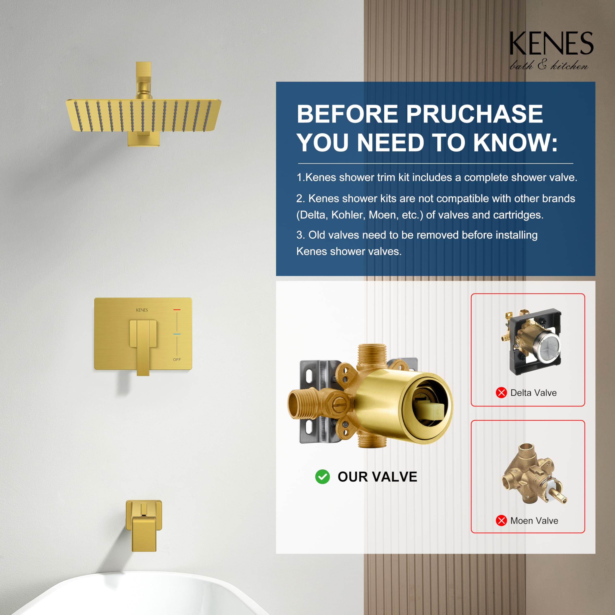Premium Brushed Gold Shower Faucet Set - Modern Square Tub & Shower Trim Kit with Single-Spray Shower Head & Included Valve (KE-6024A-4) | Perfect for Bathroom Renovation & Luxury Spa Experience