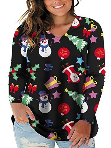 VISLILY Plus Size Christmas Shirts for Women - Holiday Tops & Casual Tunics Tee - Festive Holiday Party & Family Gathering Outfits